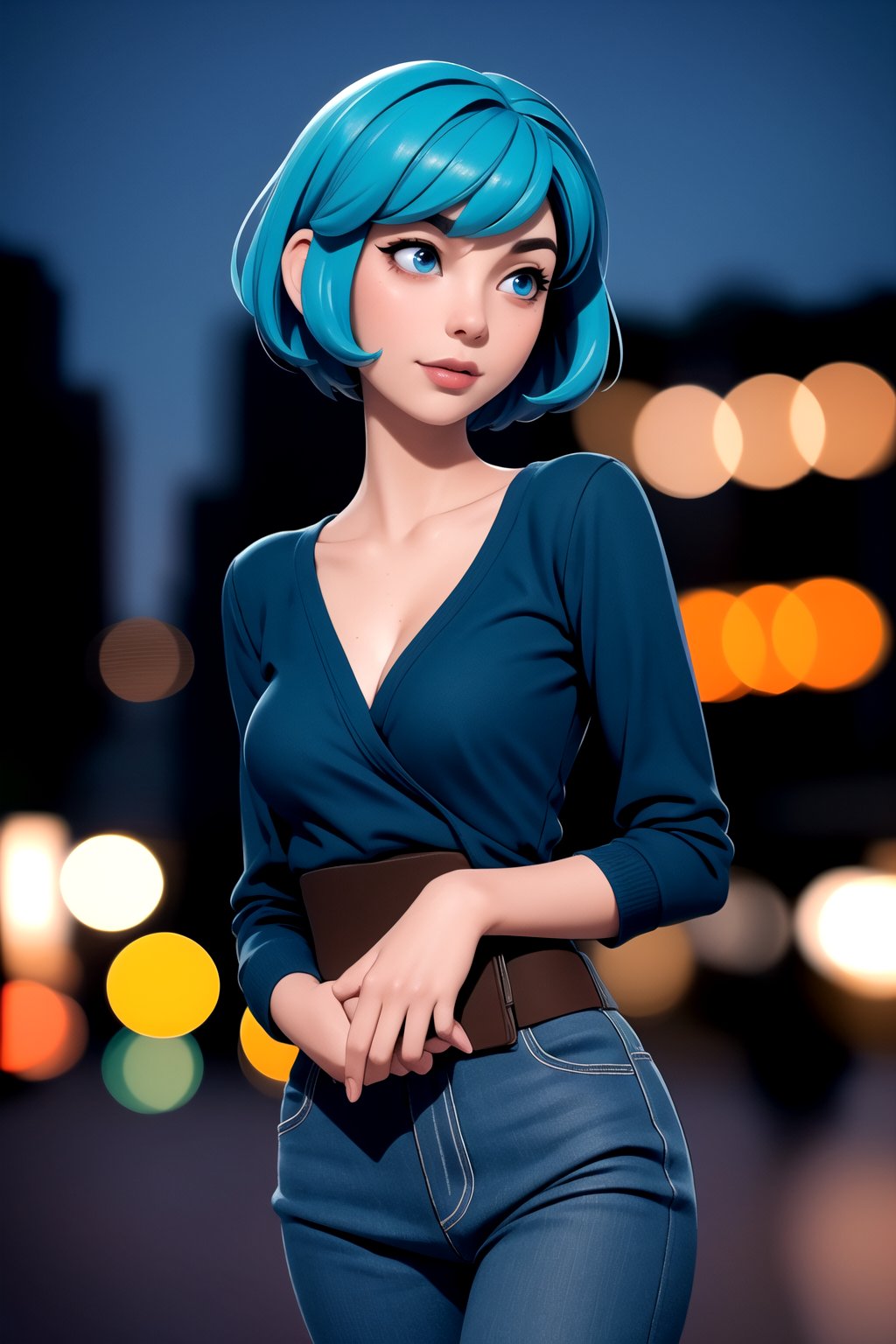 centered, award winning medium shot portrait, (hyperealistic), (beautiful detailed eyes), (gorgeous woman face), | solo, 1girl, short hair, aqua hair color, dark blue eyes color, | casual outfit, (small breasts:1.2), | sunset, city, tokyo, buildings, city lights, | depth of field, bokeh, | smooth detailed shadows, hyperealistic shadows, (saturated colors:1.2) |,3DMM