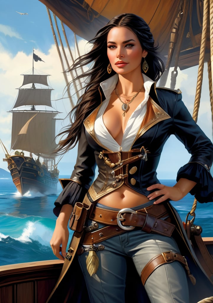 stunning pirate woman with long braided raven hair and smooth skin in luxurious open fronted short black jacked with leather gun belts and pistols, on a pirate ship out at sea with tropical island in background, gorgeous young realistic face, half-body shot, fiverr d&d character, dark fantasy, intricate details, hyper detailed, Jean Baptiste Monge, Michael Garmash, Magali Villeneuve, johan grenier, masterpiece, cinematic poster