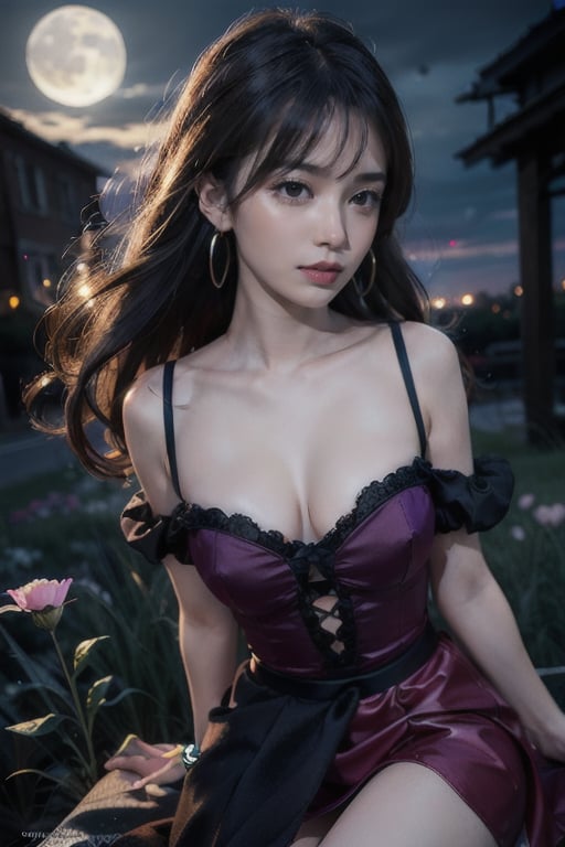 masterpiece, best quality, 1girl, (colorful),(finely detailed beautiful eyes and detailed face),cinematic lighting,bust shot,extremely detailed CG unity 8k wallpaper,white hair,solo,smile,intricate skirt,((flying petal)),(Flowery meadow) sky, cloudy_sky, building, moonlight, moon, night, (dark theme:1.3), light, fantasy,,fantasy, high contrast, ink strokes, explosions, over exposure, purple and red tone impression , abstract, ((watercolor painting by John Berkey and Jeremy Mann )) brush strokes, negative space,