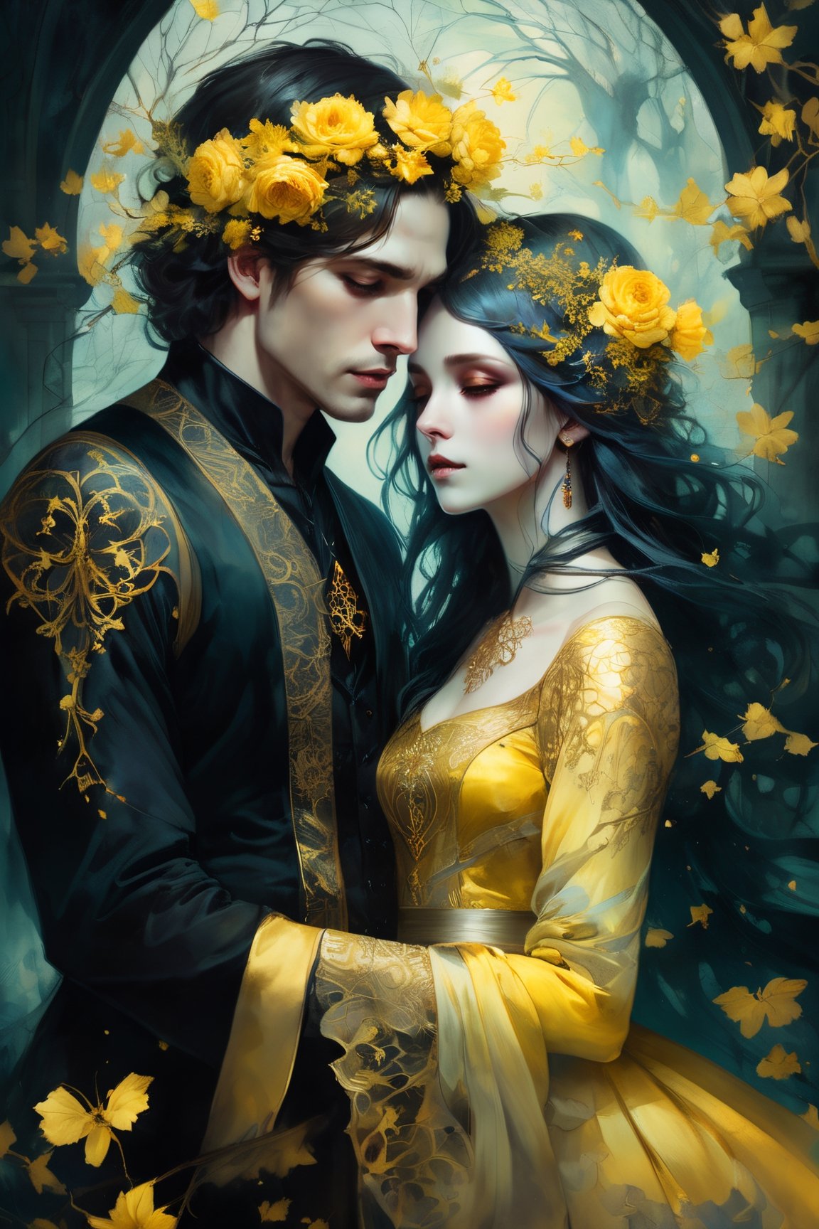 art by Anna Dittmann Insanely detailed of an elaborate beautiful gothic vintage couple of lovers embracing :: eternal love :: wired clothing :: yellow flowers luminism, WLOP greg rutkowski, craola, romantic, mystical, cute, fantasy, flowers, tree branches, complex background, dynamic lighting, lights, digital painting, intricated pose, highly detailed, cute, filigree, intricated