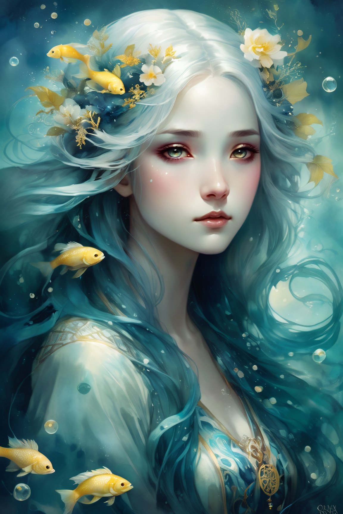 art by Anna Dittmann beautiful:: a muse of beauty, Queen of the Sea Mu Yanling, long flowing white hair, blue yellow fish, water flowing around, young female face, liquid magic, bubbles, water drops, seahorse luminism, WLOP greg rutkowski, craola, romantic, mystical, cute, fantasy, flowers, tree branches, complex background, dynamic lighting, lights, digital painting, intricated pose, highly detailed, cute, filigree, intricated