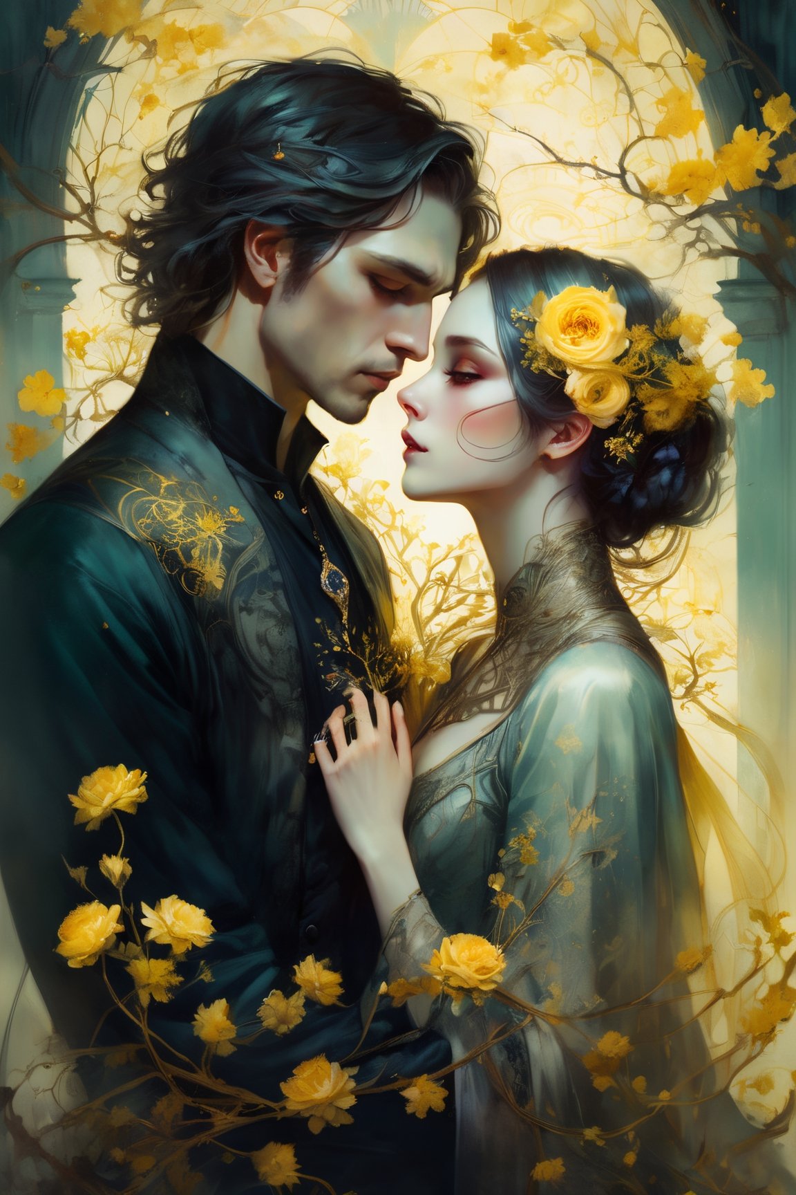 art by Anna Dittmann Insanely detailed of an elaborate beautiful gothic vintage couple of lovers embracing :: eternal love :: wired clothing :: yellow flowers luminism, WLOP greg rutkowski, craola, romantic, mystical, cute, fantasy, flowers, tree branches, complex background, dynamic lighting, lights, digital painting, intricated pose, highly detailed, cute, filigree, intricated