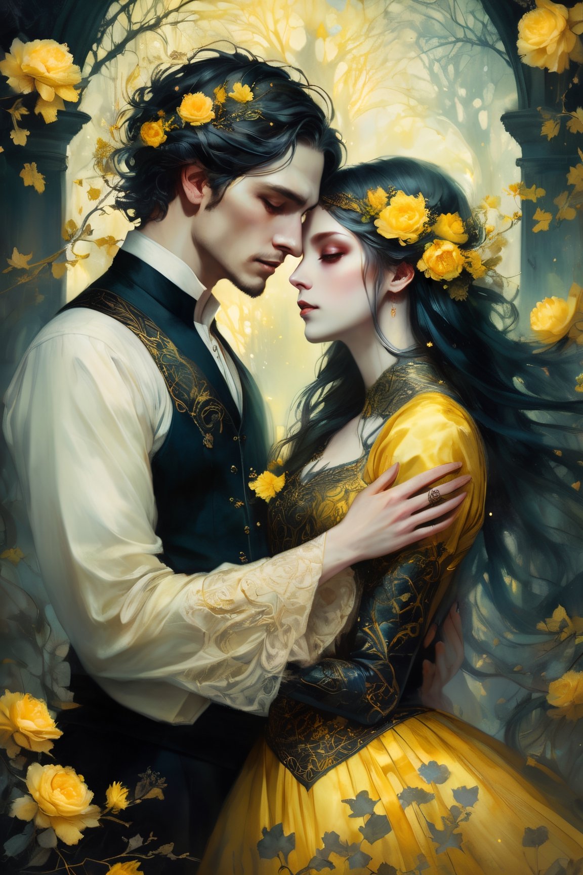 art by Anna Dittmann Insanely detailed of an elaborate beautiful gothic vintage couple of lovers embracing :: eternal love :: wired clothing :: yellow flowers luminism, WLOP greg rutkowski, craola, romantic, mystical, cute, fantasy, flowers, tree branches, complex background, dynamic lighting, lights, digital painting, intricated pose, highly detailed, cute, filigree, intricated