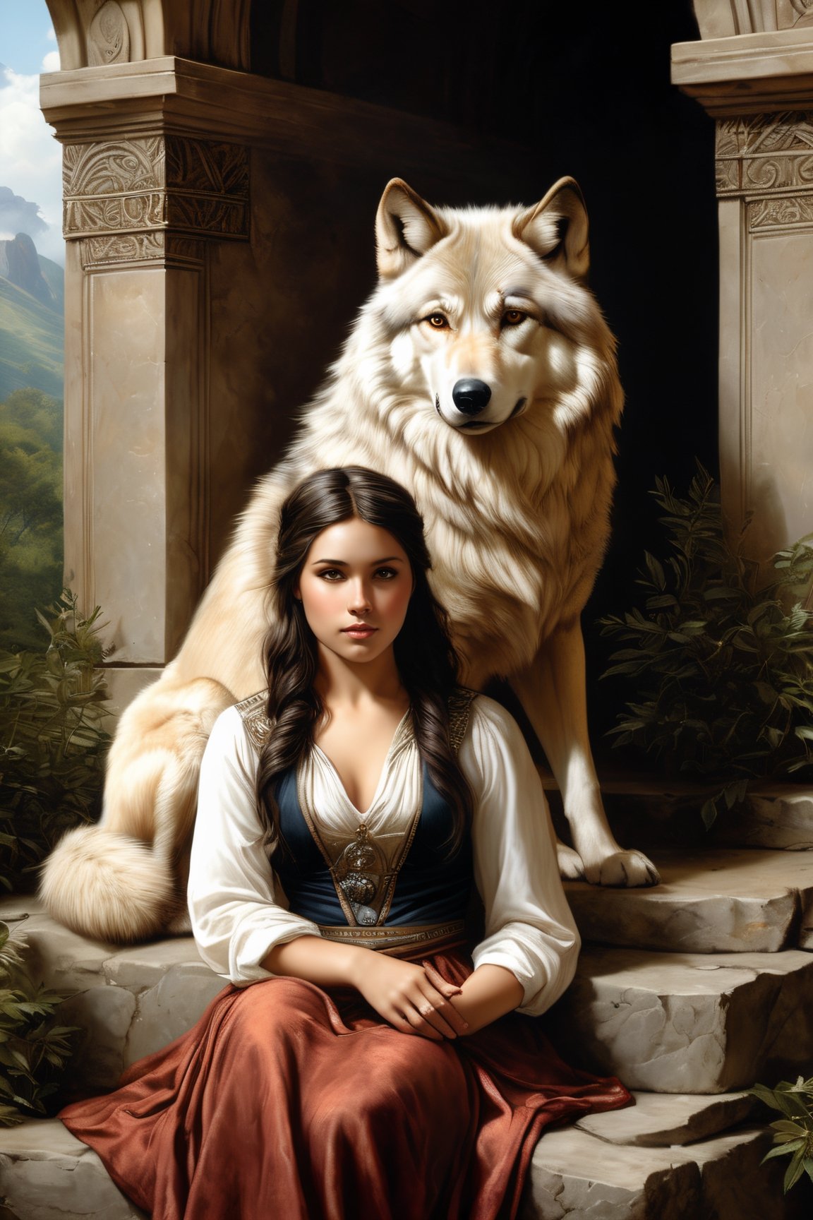 art by Magali Villeneuve, Kevin Sloan Marco Mazzoni, Edwin Landseer native girl with a wolf as a companion digital painting, highly detailed, intricated, intricated pose, clarity, high quality, Watercolor, trending on artstation, sharp focus, studio photo, intricate details, highly detailed, by greg rutkowski