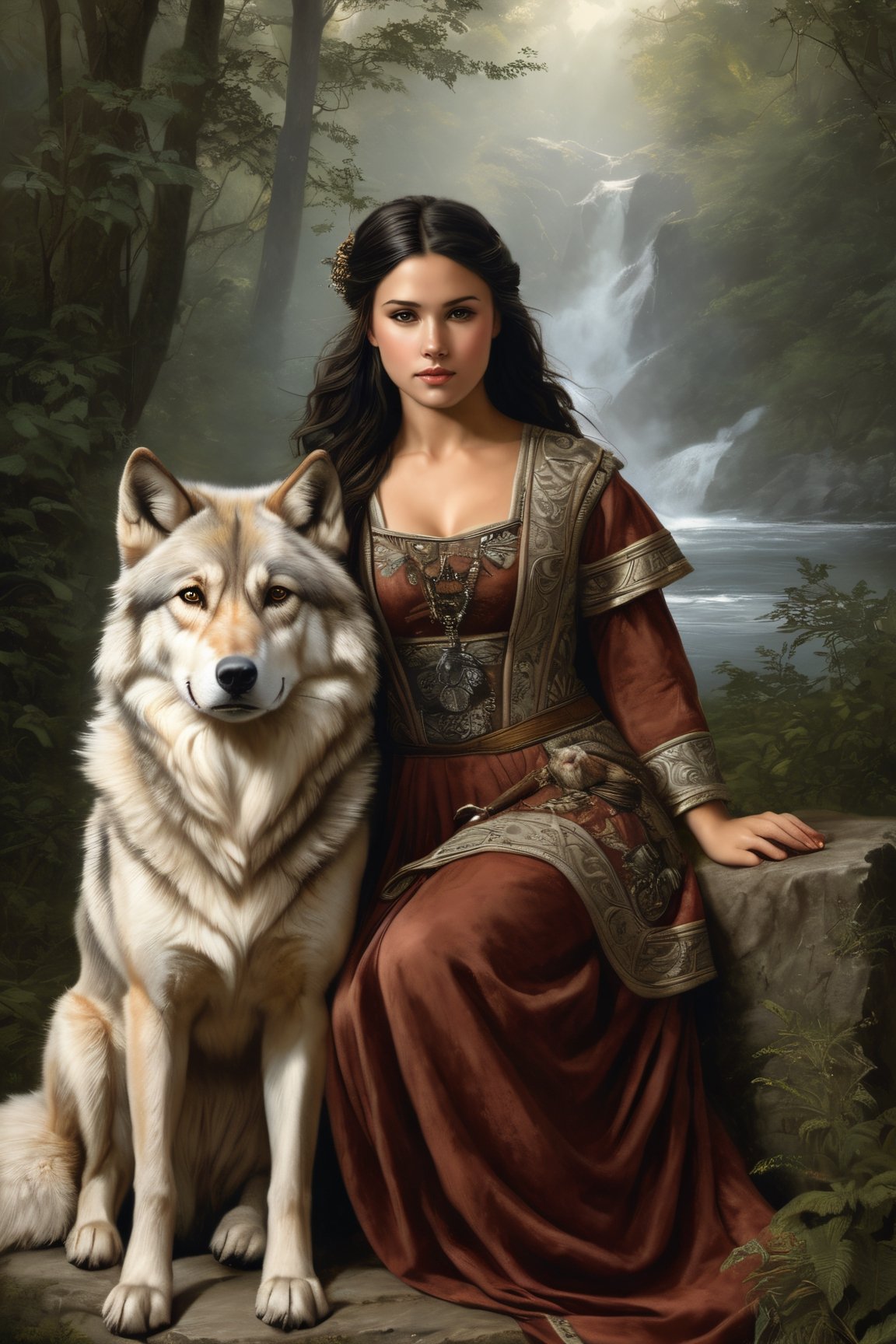art by Magali Villeneuve, Kevin Sloan Marco Mazzoni, Edwin Landseer native girl with a wolf as a companion digital painting, highly detailed, intricated, intricated pose, clarity, high quality, Watercolor, trending on artstation, sharp focus, studio photo, intricate details, highly detailed, by greg rutkowski