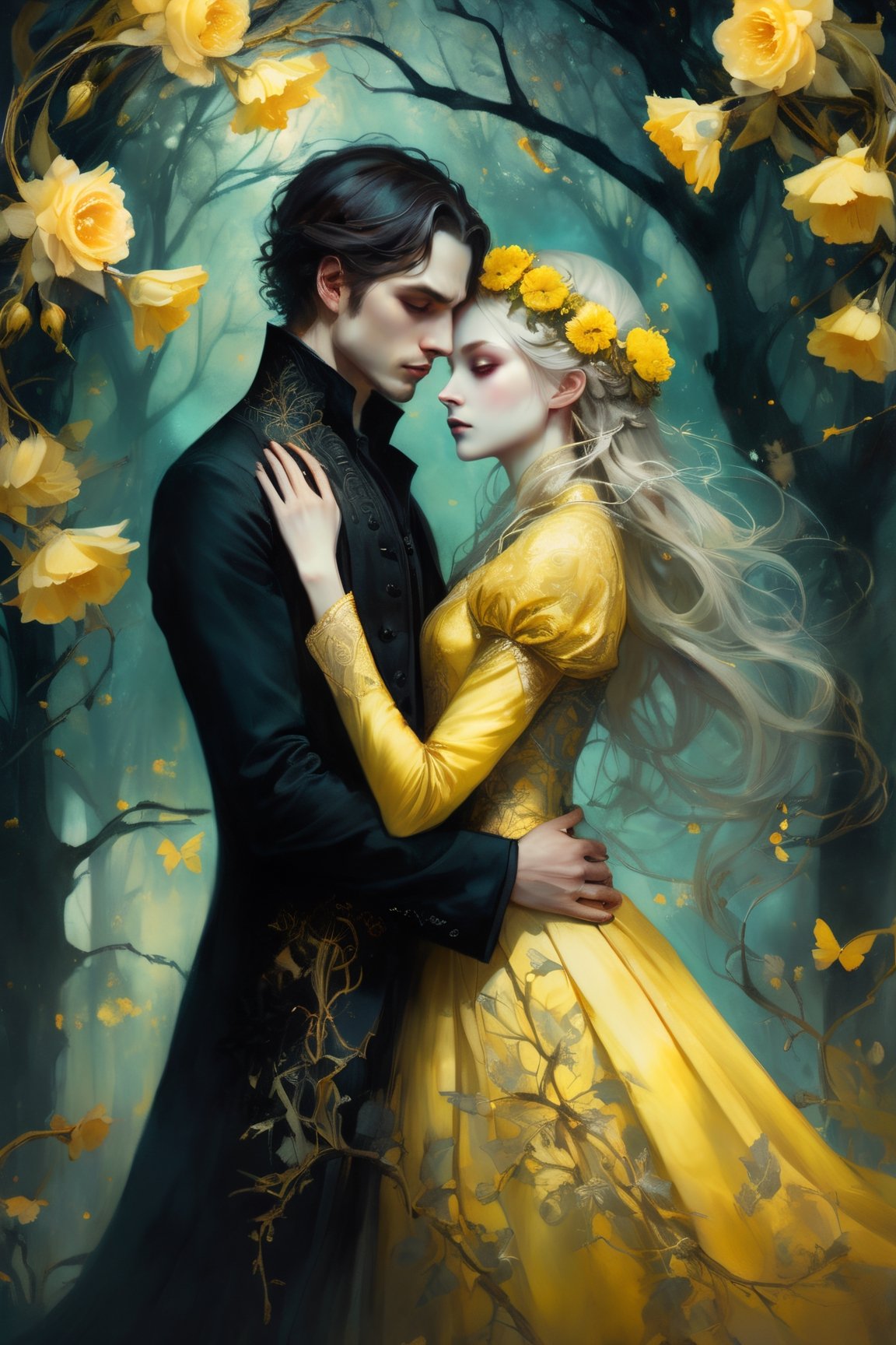 art by Anna Dittmann Insanely detailed of an elaborate beautiful gothic vintage couple of lovers embracing :: eternal love :: wired clothing :: yellow flowers luminism, WLOP greg rutkowski, craola, romantic, mystical, cute, fantasy, flowers, tree branches, complex background, dynamic lighting, lights, digital painting, intricated pose, highly detailed, cute, filigree, intricated