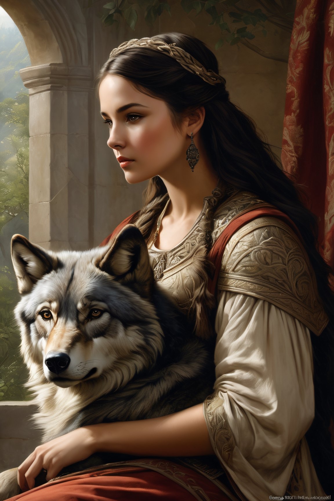 art by Magali Villeneuve, Kevin Sloan Marco Mazzoni, Edwin Landseer native girl with a wolf as a companion digital painting, highly detailed, intricated, intricated pose, clarity, high quality, Watercolor, trending on artstation, sharp focus, studio photo, intricate details, highly detailed, by greg rutkowski