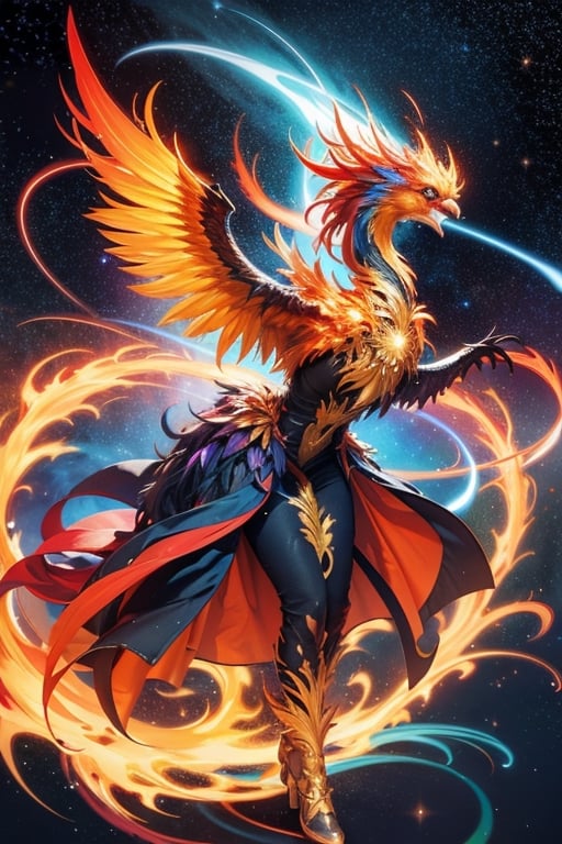 a vivid and focused scene centered around a radiant Phoenix emerging from the midst of a fiery and directional explosion of planet Earth. The Phoenix,vibrant and majestic,is the focal point,its flames intertwining with the erupting elements of the Earth,symbolizing rebirth from destruction. In the background,a colorful and intricate galaxy enriches the composition,its swirling hues and twinkling stars providing a contrasting backdrop to the luminous Phoenix and the exploding Earth,alluding to the infinite wonders of the cosmos,,,