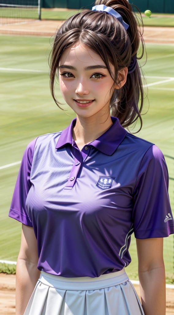 (best quality,masterpiece, photorealistic, highly detailed), a close-up portrait of 1 beautiful tennis coach, in her 20s, big smile, ((in a light-purple polo shirt)), white skirt, large-sized breasts, beauttiful detailed faces, beautiful detailed eyes, realistic detailed skin texture, ((light-brown ponytail hair)), detailed hair, in tennis court, sharp focus,fantasy_princess,high_school_girl