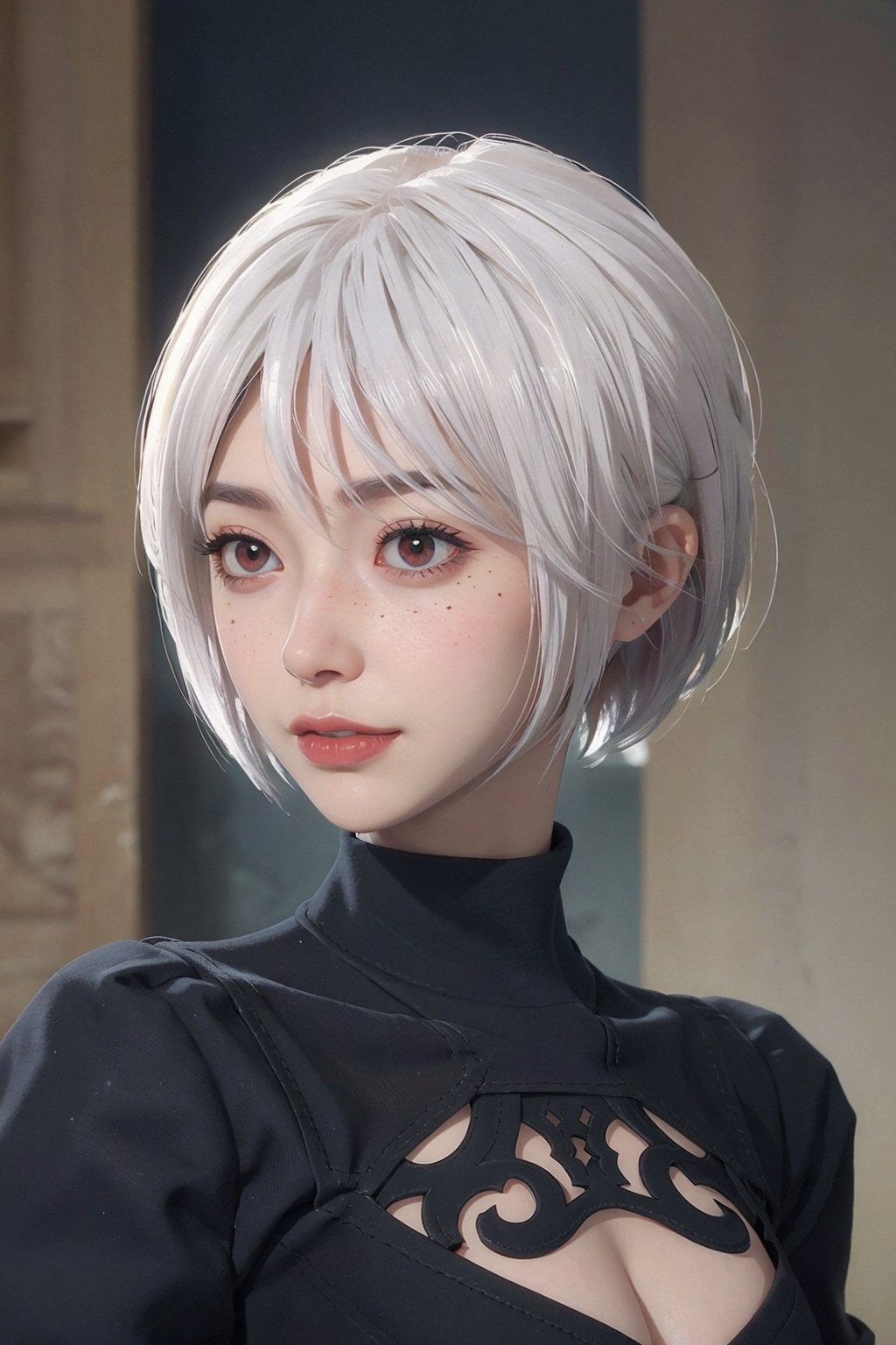 1girl, red eyes, (hi-top fade:1.3), dark theme, muted colors, high contrast, (natural skin texture, hyperrealism, soft light, sharp), yorha no. 2 type b,, red bob hair, multicolored hair, visible cleavage, full body, semi nude, freckles, looking at viewer, white hair, smile, blush, eye makeup,