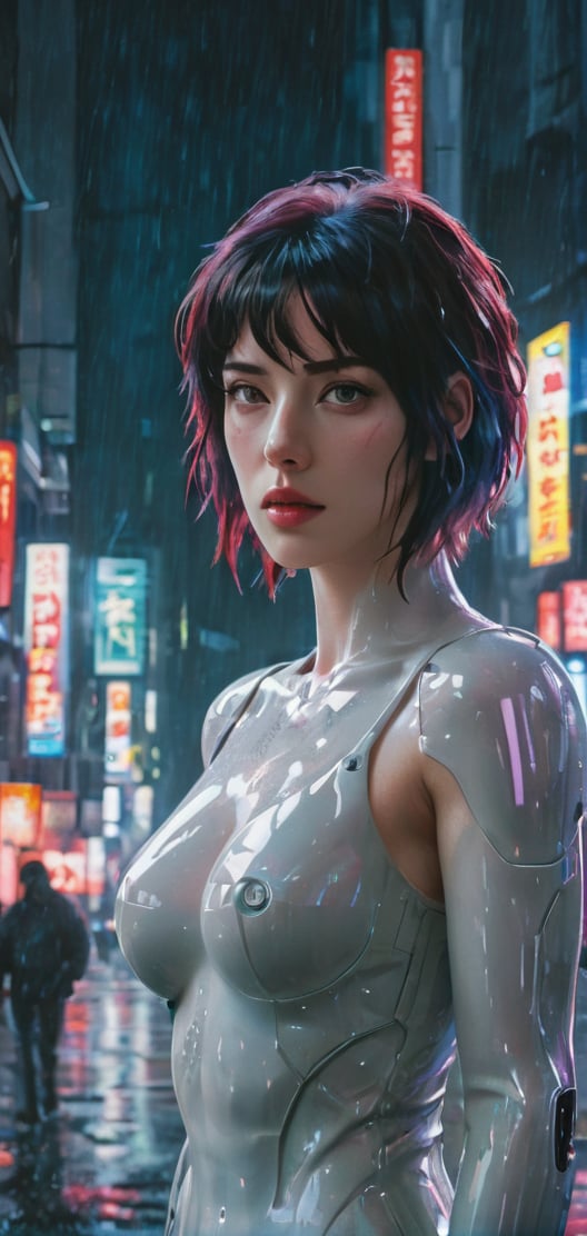 Anime art of ghost in the Shell, detailed scene, red, perfect face, intricately detailed photorealism, trending on artstation, neon lights, rainy day, ray-traced environment, vintage 90's anime artwork.
