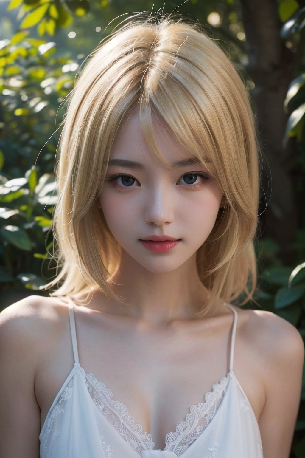 (((deep in the woods))),((looks at viewer)),(((Only the face enters the camera))), (Focus on the face),
人物：a korean girl,Pure and lovely korean girl,
優化：(((Realistic and delicate high-resolution structure: 1.4, Realistic and delicate high-quality structure: 1.4))),Photo taken with Canon EOS 5D Mark4 and SIGMA Art Lens 35mm F1.4 DG HSM, F1.4, ISO 200 Shutter Speed 2000,(Masterpiece, high quality, meticulous and delicate),
頭髮：(((fine blonde hair))),(bangs),((medium length hair)),
服飾：(((Spaghetti strap sleeveless low-cut sheer dress with lace pattern))),