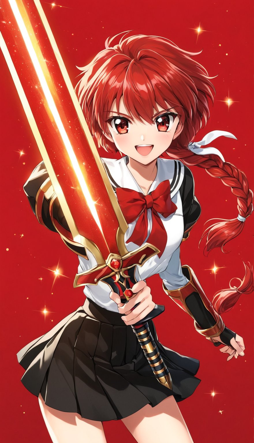 Hikaru Shidou, solo, long hair, smile, open mouth, skirt, red eyes, bow, holding, school uniform, weapon, braid, red hair, pleated skirt, perfect simetrycal sword, black skirt, holding weapon, armor, sparkle, single braid, holding sword, white bow, shoulder armor, red_ flame background, style CLAMP grupe design,Anine