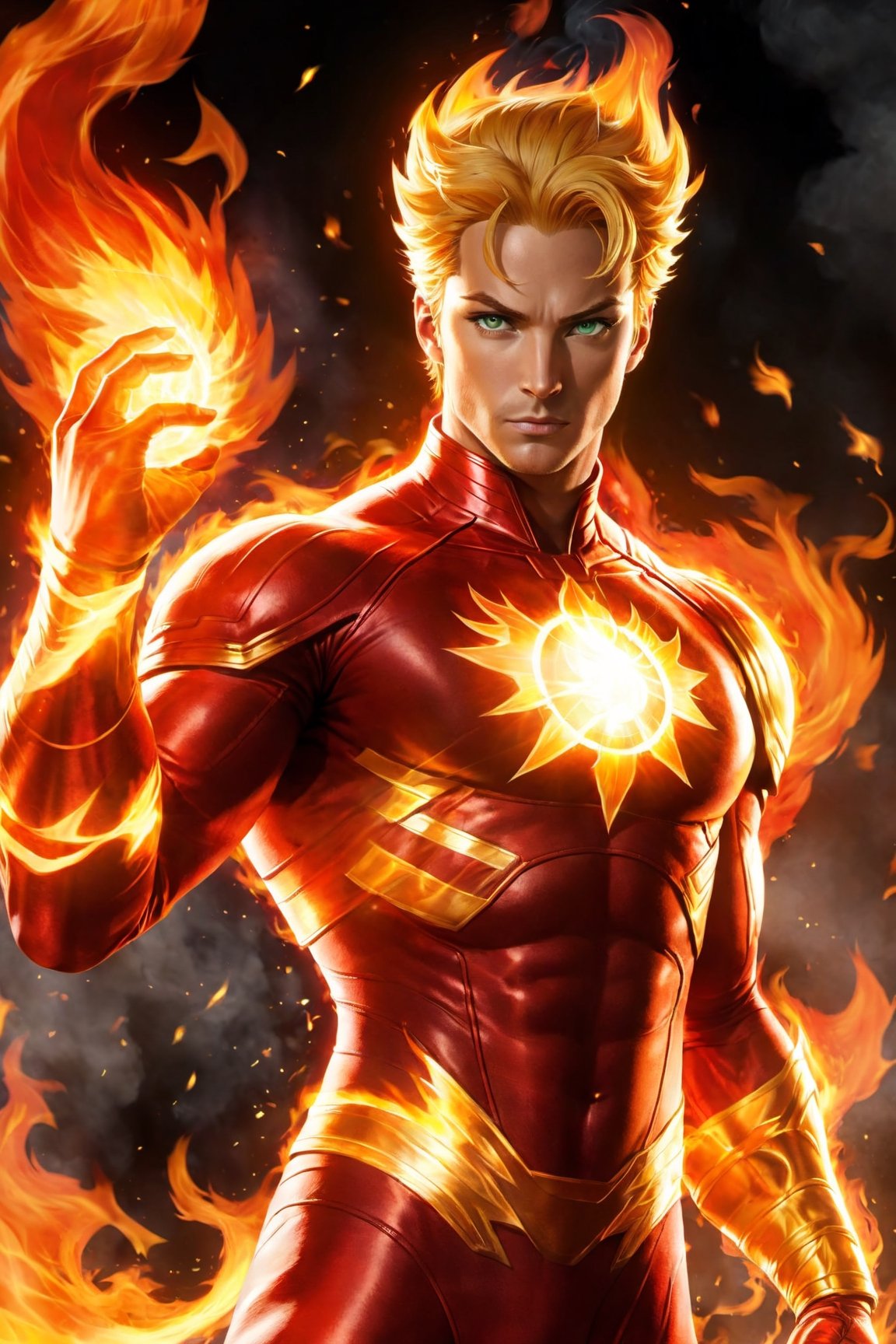 anime:1.9, cartoon:1.9, Imagine a dynamic scene featuring of iconic DC Comics character, enchantress mixed lady_human torch, heroin, superhero, fire deity, muscular, athleticism, combustion, energy, smoke, ashes. Firehair. (fire Eyes:1.6). (athletic:1.6). (incandescent fireball in his hands:1.6). ((concentration of fire in her upright right hand, she is prepared to attack)). ((fire lit in the palms of his hands)). Visualize him engulfed in flames, sexy pose, very big breast, swinging, radiating with fiery intensity. (fire-colored suit with red details:1.6). ((His body burns with great intensity, emitting light and heat, burning in flames)). Craft a prompt for a super detailed, 16k Ultra HDR image capturing the essence of Human Torch's blazing presence – perfect face, flames, and dynamic pose. (brightness, vibe, vitality, energy, halo, halo, aura:1.5), (arms wrapped in flames, fire). flashes of fire surround his body. Choose a background that complements his character, creating a cinematic masterpiece with high realism and top-notch image quality, fire element:1.5,3d_toon_xl:0.2, xl-shanbailing-1003fire-000010:0.6, demonictech:0.1, MagmaTech:0.1human on fire:1.2, feh:0.4, firepunch:1.3, zeldaALBW:0.1, makioze:0.4, fire_lit_DC:0.5, DonMF1re:0.5, FireAI:0.6, Cursed energy:0.5, XieS:0.3, r1ge - AnimeRage:1.3, :JuggerCineXL2:0.6,add_detail:0.6,3d toon style,Movie Still,DonMCyb3rN3cr0XL-000009:0.3