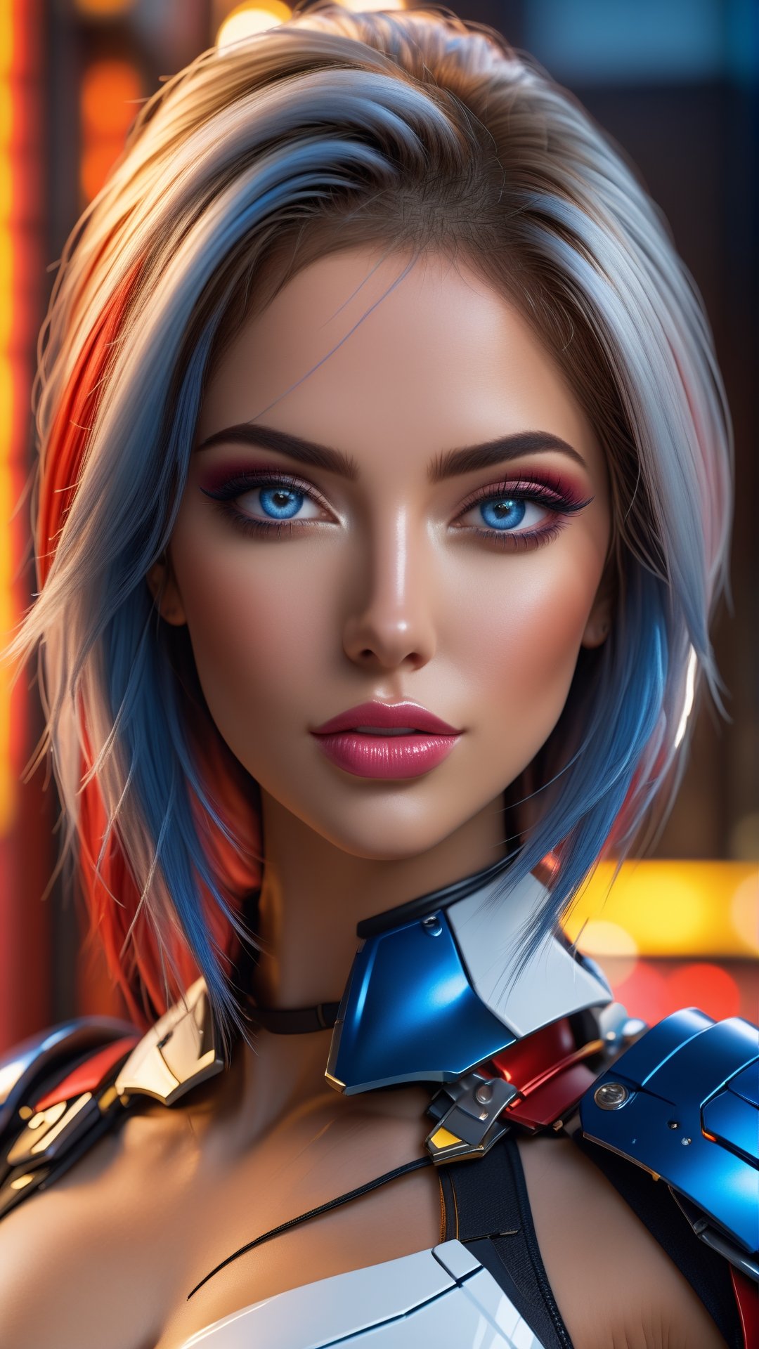 coco lovelock, pornstar, (athletic.1.3), nipples, breasts, medium breasts, (blue eyes, blush, smile, makeup, parted lips, red lips, eyeliner:1.5), (white and blue colors, ultimate mechanical armor:1.9), (full body, standing:1.5), from front, (multicolored_mohawk_hair_style, long crest:1.9), street background.

PNG image format, sharp lines and borders, solid blocks of colors, over 300ppp dots per inch, 32k ultra high definition, 530MP, Fujifilm XT3, cinematographic, (photorealistic:1.6), 4D, High definition RAW color professional photos, photo, masterpiece, realistic, ProRAW, realism, photorealism, high contrast, digital art trending on Artstation ultra high definition detailed realistic, detailed, skin texture, hyper detailed, realistic skin texture, facial features, armature, best quality, ultra high res, high resolution, detailed, raw photo, sharp re, lens rich colors hyper realistic lifelike texture dramatic lighting unrealengine trending, ultra sharp, pictorial technique, (sharpness, definition and photographic precision), (contrast, depth and harmonious light details), (features, proportions, colors and textures at their highest degree of realism), (blur background, clean and uncluttered visual aesthetics, sense of depth and dimension, professional and polished look of the image), work of beauty and complexity. perfectly symmetrical body.

(aesthetic + beautiful + harmonic:1.5), (ultra detailed face, ultra detailed eyes, ultra detailed mouth, ultra detailed body, ultra detailed hands, ultra detailed clothes, ultra detailed background, ultra detailed scenery:1.5),

3d_toon_xl:0.8, JuggerCineXL2:0.9, detail_master_XL:0.9, detailmaster2.0:0.9, perfecteyes-000007:1.3,more detail XL