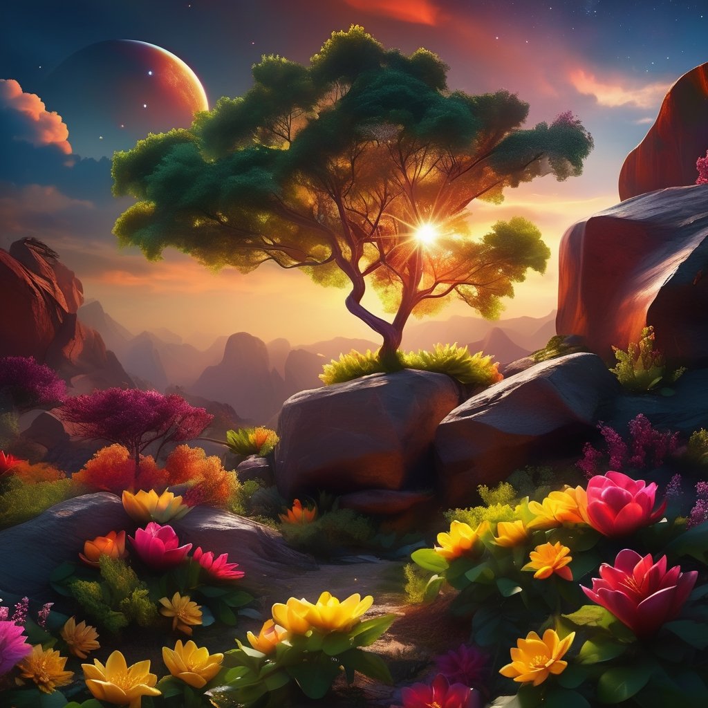 scenery, landscape, starry sky, flowers, tree, plant, outdoors, cloud, no humans, diamonds, sunset, rock, sun, epic, futuristic, unreal, fantastic, future, fantasy, perfect, hyper detailed, realistic design, real details, reality, Perfect proportions, Strong brightness, intricate details, vibrant colors, detailed shadows, PNG image format, sharp lines and borders, solid blocks of colors, over 300ppp dots per inch, cinematographic, (photorealistic:1.9), High definition RAW color professional photos, photo, masterpiece, realistic, ProRAW, realism, photorealism, high contrast, digital art trending on Artstation ultra high definition detailed realistic, detailed, hyper detailed, realistic texture, best quality, ultra high res, high resolution, detailed, raw photo, sharp re, lens rich colors hyper realistic lifelike texture dramatic lighting unrealengine trending, ultra sharp, (sharpness, definition and photographic precision), (contrast, depth and harmonious light details), (textures at their highest degree of realism), (colors at their highest degree of realism), (proportions at their maximum degree of realism), (features at their highest degree of realism), (blur background, clean and uncluttered visual aesthetics, sense of depth and dimension, professional and polished look of the image), work of beauty and complexity. (aesthetic + beautiful + harmonic:1.5), (ultra detailed background, ultra detailed scenery, ultra detailed landscape:1.5), photographic fidelity and precision, reality, minute detail, clean image, exact image, polished shading, detailed shading, three-dimensional, strong colors, metallic colors, polychromatic tonal scale, wide tonal scale,Landscape,Background,Scenery