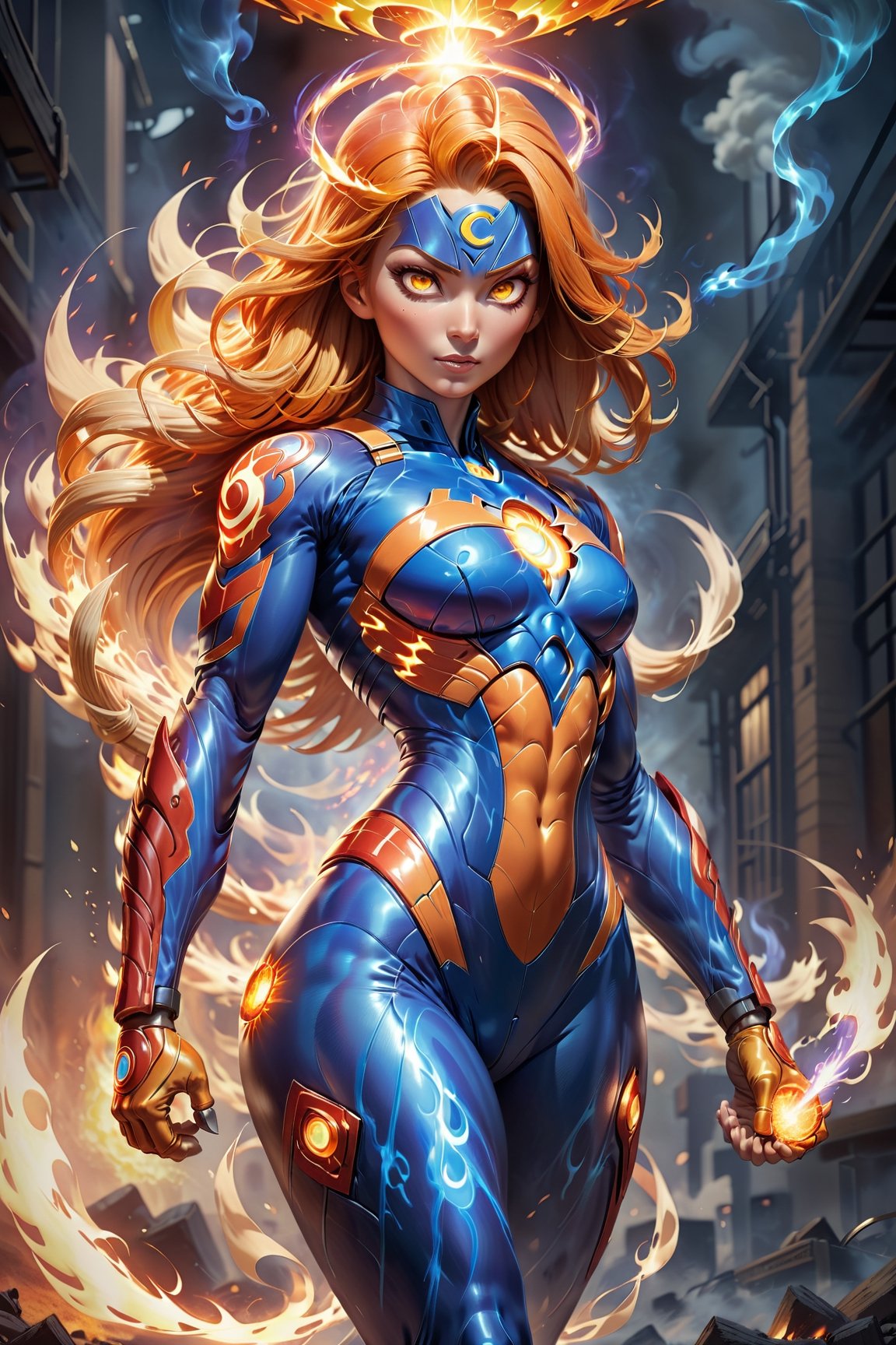 Imagine a dynamic scene featuring of iconic DC Comics character, enchantress mixed lady_human torch, heroin, superhero, fire deity, muscular, athleticism, combustion, energy, smoke, ashes. Firehair. (fire Eyes:1.6). (incandescent fireball in his hands:1.6). ((concentration of fire in her upright right hand, she is prepared to attack)). ((fire lit in the palms of his hands)). Visualize him engulfed in flames, sexy pose, very big breast, swinging, radiating with fiery intensity. ((fire-colored suit with red details)). ((His body burns with great intensity, emitting light and heat, burning in flames)). Craft a prompt for a super detailed, 16k Ultra HDR image capturing the essence of Human Torch's blazing presence – perfect face, flames, and dynamic pose. (brightness, vibe, vitality, energy, halo, halo, aura:1.5), (arms wrapped in flames, fire). flashes of fire surround his body. Choose a background that complements his character, creating a cinematic masterpiece with high realism and top-notch image quality,fire element:1.5,3d toon style,xl-shanbailing-1003fire-000010:0.6,demonictech:0.1,MagmaTech:0.1,human on fire:1.2,feh:0.4,firepunch:1.3,zeldaALBW:0.1,makioze:0.4,fire_lit_DC:0.5,DonMF1re:0.5,FireAI:0.6,Cursed energy:0.5,Sci-fi ,DonMDj1nnM4g1cXL 