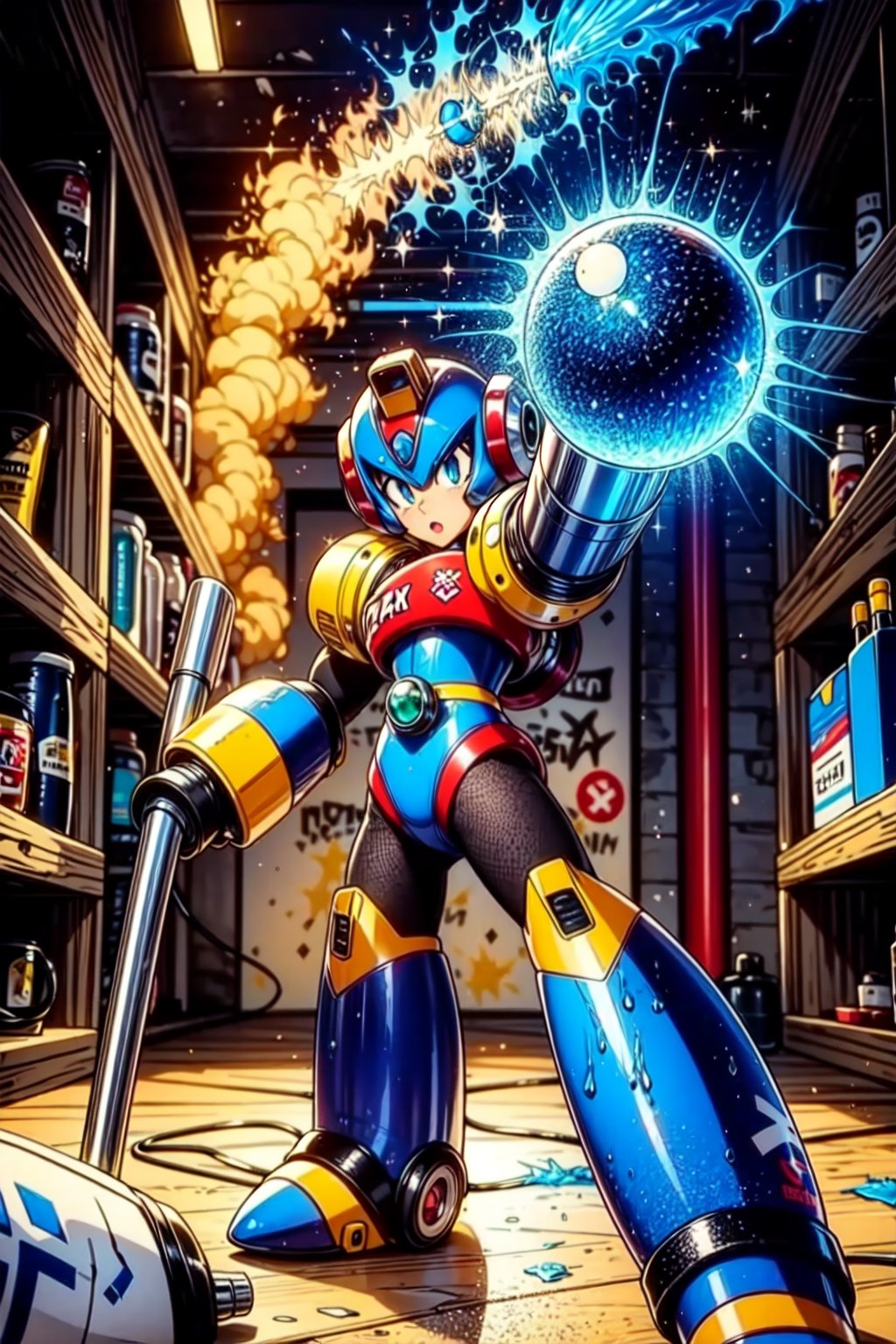 Construct a Mascot for TA, Created by ProtoUserx, This is Commander_Yammark_megaman_x6, and likes to graffiti,spray paint can, dripping paint,TA logo,8k,best quality,hdr,masterpiece,Robot_Master,Monster,EnvyBeautyMix23,More Detail,1 girl