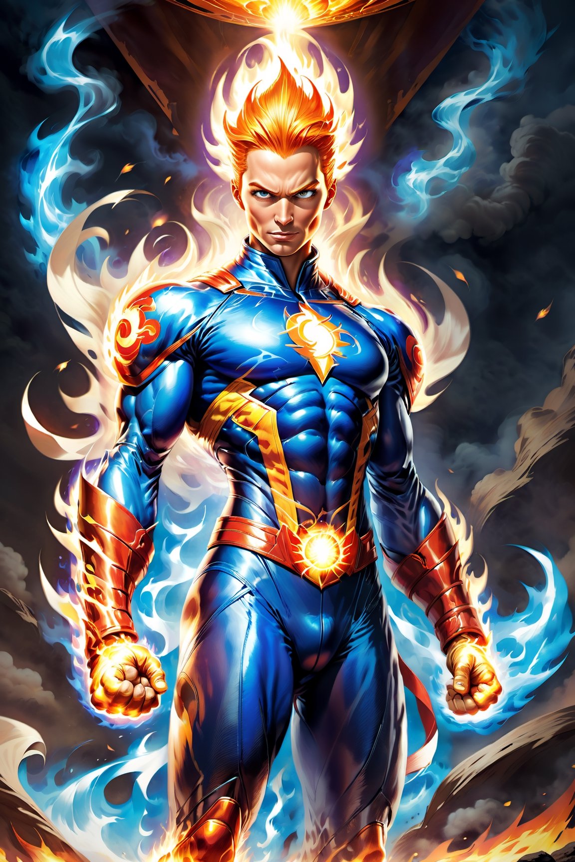 Imagine a dynamic scene featuring of iconic DC Comics character, enchantress mixed lady_human torch, heroin, superhero, fire deity, muscular, athleticism, combustion, energy, smoke, ashes. Firehair. (fire Eyes:1.6). (incandescent fireball in his hands:1.6). ((concentration of fire in her upright right hand, she is prepared to attack)). ((fire lit in the palms of his hands)). Visualize him engulfed in flames, sexy pose, very big breast, swinging, radiating with fiery intensity. ((fire-colored suit with red details)). ((His body burns with great intensity, emitting light and heat, burning in flames)). Craft a prompt for a super detailed, 16k Ultra HDR image capturing the essence of Human Torch's blazing presence – perfect face, flames, and dynamic pose. (brightness, vibe, vitality, energy, halo, halo, aura:1.5), (arms wrapped in flames, fire). flashes of fire surround his body. Choose a background that complements his character, creating a cinematic masterpiece with high realism and top-notch image quality,fire element:1.5,3d toon style,xl-shanbailing-1003fire-000010:0.6,demonictech:0.1,MagmaTech:0.1,human on fire:1.2,feh:0.4,firepunch:1.3,zeldaALBW:0.1,makioze:0.4,fire_lit_DC:0.5,DonMF1re:0.5,FireAI:0.6,Cursed energy:0.5,Sci-fi ,DonMDj1nnM4g1cXL 