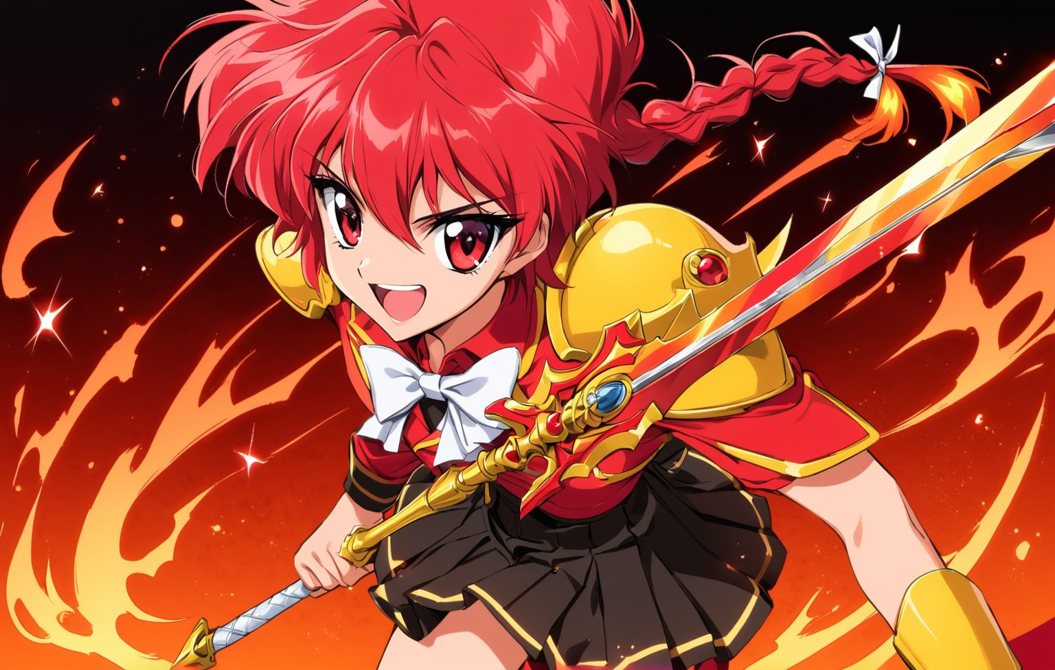 Hikaru Shidou, solo, long hair, smile, open mouth, skirt, red eyes, bow, holding, school uniform, weapon, braid, red hair, pleated skirt, perfect simetrycal sword, black skirt, holding weapon, armor, sparkle, single braid, holding sword, white bow, shoulder armor, fire_flame background, style CLAMP grupe design,Anine