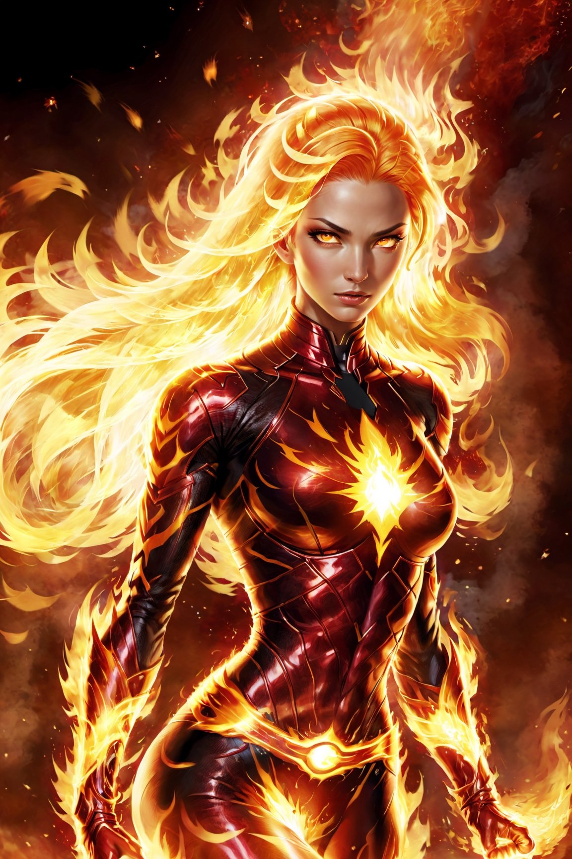 anime:1.9, cartoon:1.9, Imagine a dynamic scene featuring of iconic DC Comics character, enchantress mixed lady_human torch, heroin, superhero, fire deity, muscular, athleticism, combustion, energy, smoke, ashes. Firehair. (fire Eyes:1.6). (incandescent fireball in his hands:1.6). ((concentration of fire in her upright right hand, she is prepared to attack)). ((fire lit in the palms of his hands)). Visualize him engulfed in flames, sexy pose, very big breast, swinging, radiating with fiery intensity. ((fire-colored suit with red details)). ((His body burns with great intensity, emitting light and heat, burning in flames)). Craft a prompt for a super detailed, 16k Ultra HDR image capturing the essence of Human Torch's blazing presence – perfect face, flames, and dynamic pose. (brightness, vibe, vitality, energy, halo, halo, aura:1.5), (arms wrapped in flames, fire). flashes of fire surround his body. Choose a background that complements his character, creating a cinematic masterpiece with high realism and top-notch image quality, fire element:1.5,3d_toon_xl:0.2, xl-shanbailing-1003fire-000010:0.6, demonictech:0.1, MagmaTech:0.1human on fire:1.2, feh:0.4, firepunch:1.3, zeldaALBW:0.1, makioze:0.4, fire_lit_DC:0.5, DonMF1re:0.5, FireAI:0.6, Cursed energy:0.5, XieS:0.3, r1ge - AnimeRage:1.3, :JuggerCineXL2:0.6,add_detail:0.6,3d toon style