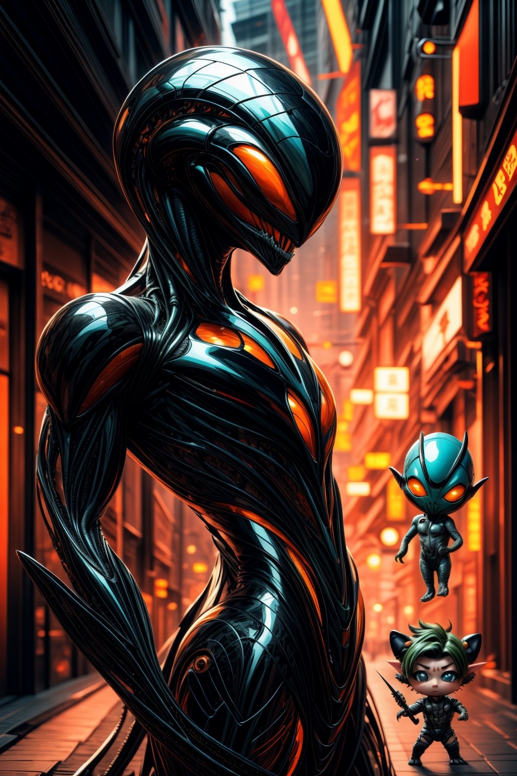 anime: 1.9, cartoon: 1.9, Imagine a dynamic scene with an alien_animal_male, Caulophryne jordani mixed with Chauliodus sloani and Idolomantis diabolica, monster. biomechanical suit muscular, athletic, manly. (alien_monster_animal_male_chibi_small:1.9). random poses. fantastic, unreal, ufo, science fiction, fantasy. Almond-shaped eyes, without eyelids, without iris, completely red, perfectly symmetrical. Small mouth, showing its sharp teeth. ear holes, no ears. head elongated backwards in a U shape. two long upper limbs, thin and muscular features, similar in mobility to those of a human. four short and thin lower limbs, with muscular features. long, thin fingers, long, sharp claws. Symmetrical body, moderately strong, scars from old fights. Warm colors and all their shades. Intricate details, vibrant colors, perfect feet, perfect legs, perfect hands, perfect arms, highly detailed skin, textured skin, defined body features, detailed shadows, narrow waist. Choose a background that complements your character, creating a cinematic masterpiece with high realism and top-notch image quality.


 3d_toon_xl:0.2,JuggerCineXL2 :0.6,add_detail:0.8,Movie still,BriarLoL,coloredSclera-000010:1.9,beautifulDetailedEyes_v10:0.4,TQVoidXL:0.7,monstermakerV2:0.8,(EnergyVeins:1.4),horror (theme),EpicGhost,gonggongshi,boichi manga style,EpicSky,DonMV01dm4g1c,neo-alien_nomad,yushui,GOBLIN,anzhcmask,Mewtwo,biopunk style,LineAniRedmondV2-Lineart-LineAniAF:0.8,SDXLanime:0.8,EpicAnimeDreamscapeXL:0.8,more detail XL,Midjourney_Style_Special_Edition_0001:0.8,3DMM_V11:0.8,11111-000001:0.9,rndmln,High detailed , grey skin,WARFRAME,mecha \(mjstyle\),shodanSS_soul3142,symbiote,ANIME_rosemon_yugiho_ownwaifu,3DMM,photorealistic,Bergamo_DB,venom,DonMCyb3rN3cr0XL  ,jasonmale,armspiderverse