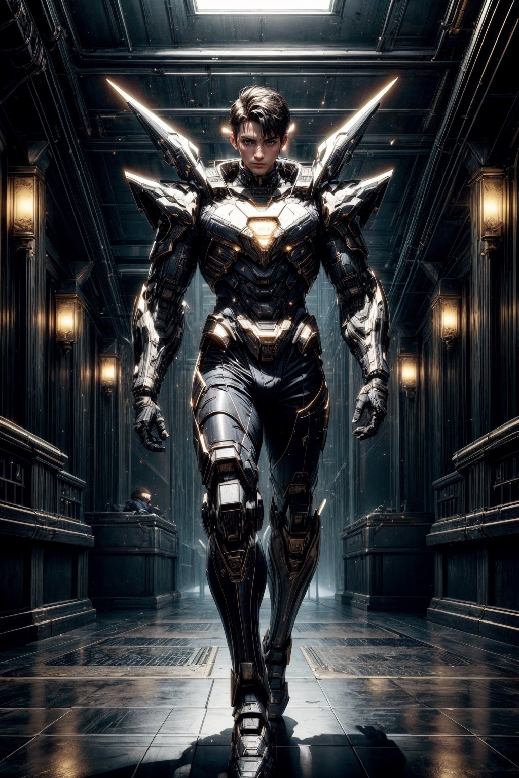 science fiction, (1male_boy:1.9), brunette short military hair curt, black eyes, purple and black colors ultimate mecha shadow armor sci-fi, full body, epic futuristic city background, standing pose,neotech,

PNG image format, sharp lines and edges, solid blocks of colors, 300+ dpi dots per inch, 32k ultra high definition, photorealistic: 1.5, photography, masterpiece, realistic, realism, photorealism, high contrast, digital art trending on Artstation ultra high definition. realistic detailed, detailed, skin texture, hyper detailed, realistic skin texture, facial features, best quality, ultra high resolution, high resolution, detailed, raw photo, sharpness, rich lens colors, hyper realistic realistic texture, lighting dramatic, unrealistic motor tendencies, ultra sharp, intricate details, vibrant colors, perfect feet, sexy legs, perfect hands, sexy arms, highly detailed skin, textured skin, defined body features, detailed shadows,  aesthetic, perfectly symmetrical body,

LineAniRedmondV2-Lineart-LineAniAF:0.8, SDXLanime:0.8, perfecteyes-000007:1.3, EpicAnimeDreamscapeXL:0.8,Midjourney_Style_Special_Edition_0001:0.8, 3DMM_V1 1: 0.8,3d_toon_xl:0.8,JuggerCineXL2:0.9,detail_master_XL:0.9, detailmaster2.0:0.9,mecha musume,eldritchtech,ZentreyaCyborg,gigachad,AIDA_ColGruBioMec,HIGHLY DETAILED,luxtech