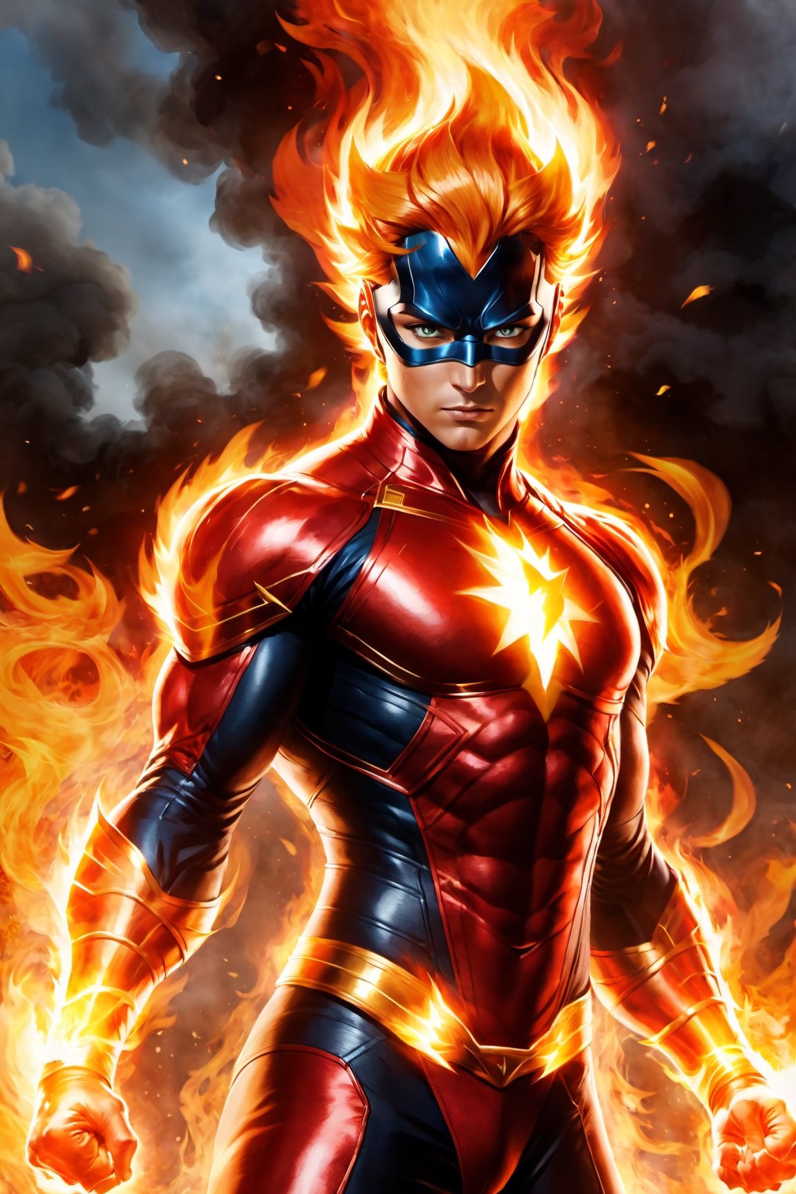 anime:1.9, cartoon:1.9, Imagine a dynamic scene featuring of iconic DC Comics character, enchantress mixed lady_human torch, heroin, superhero, fire deity, muscular, athleticism, combustion, energy, smoke, ashes. Firehair. (fire Eyes:1.6). (athletic:1.6). (incandescent fireball in his hands:1.6). ((concentration of fire in her upright right hand, she is prepared to attack)). ((fire lit in the palms of his hands)). Visualize him engulfed in flames, sexy pose, very big breast, swinging, radiating with fiery intensity. (fire-colored suit with red details:1.6). ((His body burns with great intensity, emitting light and heat, burning in flames)). Craft a prompt for a super detailed, 16k Ultra HDR image capturing the essence of Human Torch's blazing presence – perfect face, flames, and dynamic pose. (brightness, vibe, vitality, energy, halo, halo, aura:1.5), (arms wrapped in flames, fire). flashes of fire surround his body. Choose a background that complements his character, creating a cinematic masterpiece with high realism and top-notch image quality, fire element:1.5,3d_toon_xl:0.2, xl-shanbailing-1003fire-000010:0.6, demonictech:0.1, MagmaTech:0.1human on fire:1.2, feh:0.4, firepunch:1.3, zeldaALBW:0.1, makioze:0.4, fire_lit_DC:0.5, DonMF1re:0.5, FireAI:0.6, Cursed energy:0.5, XieS:0.3, r1ge - AnimeRage:1.3, :JuggerCineXL2:0.6,add_detail:0.6,3d toon style,Movie Still,DonMCyb3rN3cr0XL-000009:0.3