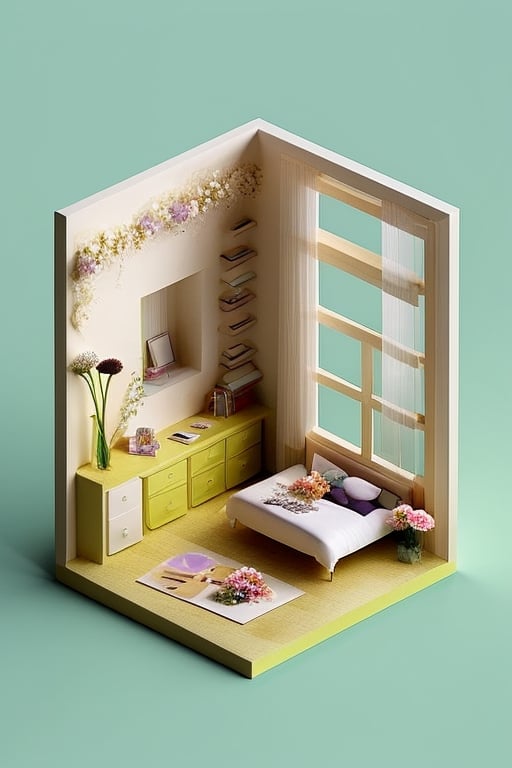 Masterpiece, desk, bed, window, flowers,