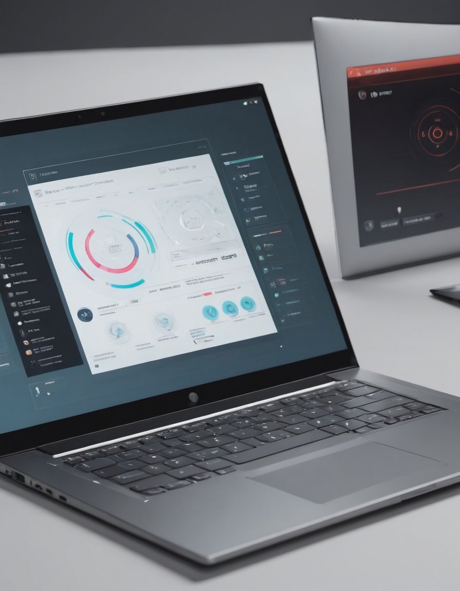 A laptop with an  interactive ui, 3d ui design, close up, 