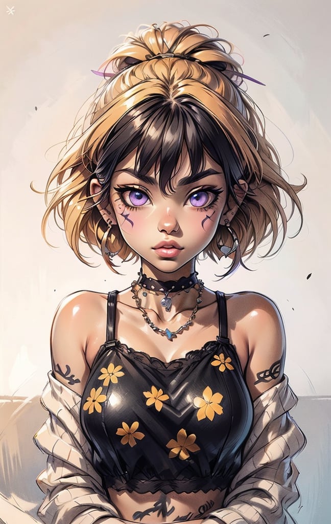 1girl, Sketch paint, breasts, looking at viewer, short hair, dress, bare shoulders, jewelry, purple eyes, upper body, earrings, parted lips, horns, dark skin, hair over one eye, black dress, dark-skinned female, gradient, gradient background, glowing, halo, glowing eyes, purple background, art style, illustration, drawing, brush strokes, tattoo, piercing, paint, graffiti drawing
