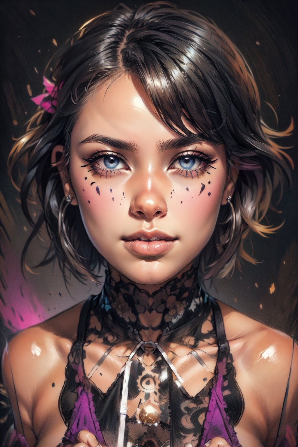 1girl, Sketch paint, breasts, looking at viewer, short hair, dress, bare shoulders, jewelry, purple eyes, upper body, earrings, parted lips, horns, dark skin, hair over one eye, black dress, dark-skinned female, gradient, gradient background, glowing, halo, glowing eyes, purple background, art style, illustration, drawing, brush strokes, tattoo, piercing, paint, graffiti drawing