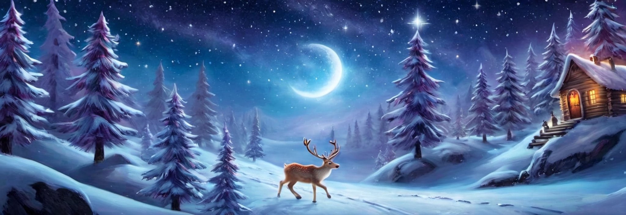 scene where a curious child ventures into a mystical forest and discovers a hidden doorway to a realm of twinkling stars and flying reindeer. The child embarks on a magical journey to the North Pole child's magical journey going off course, with the reindeer scattering and the starry realm in disarray. Depict the child's adventure taking an unexpected turn amidst the starlit chaos,6000