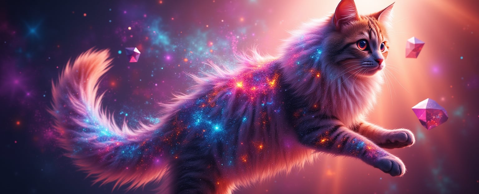 A surreal, hyper-realistic image of a kaleidoscope cat, with its form warped and distorted in vibrant, swirling patterns. The cat's fur is fragmented into geometric shapes of varying colors—deep purples, electric blues, and fiery oranges—that twist and turn around its body. Its eyes are mirrored and multiplied, reflecting an eerie yet mesmerizing glow as they repeat across the image in fractal-like patterns. The cat’s posture is fluid, as if shifting between dimensions, with parts of its body appearing to stretch and twist through space. The background is a blurred fusion of light and color, enhancing the disorienting, dreamlike effect. This kaleidoscopic cat seems both familiar and otherworldly, as if caught in a moment of cosmic transformation.