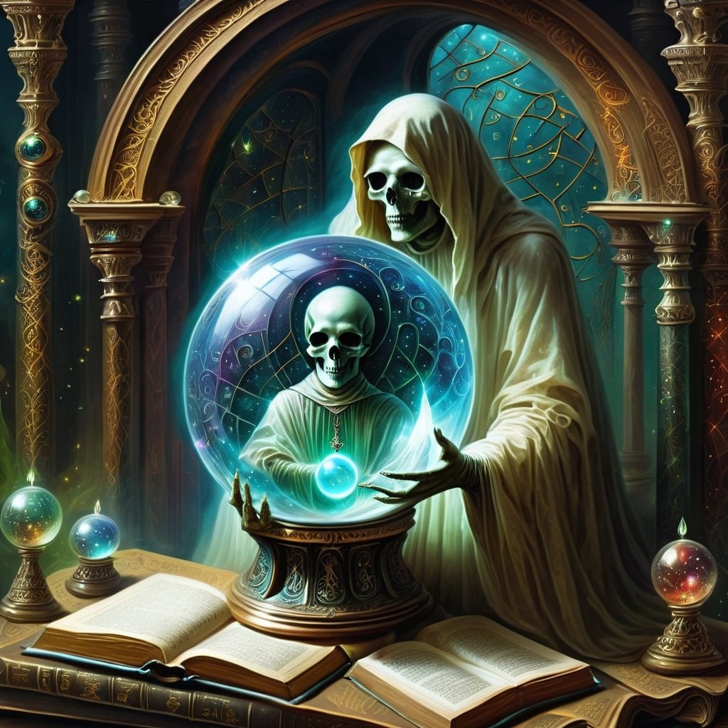 Within a crystal ball's mystical confines, a ghoul delves into esoteric texts, surrounded by an eerie, ethereal aura.