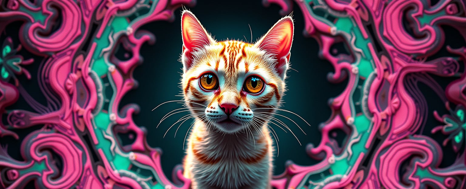 A trippy, mind-bending image of a cat kaleidoscope, distorted as if seen through the lens of a bad acid trip. The cat’s body fragments into swirling, chaotic shapes, with vivid neon colors—pinks, greens, and yellows—bleeding and pulsing unnaturally. Its eyes, wide and disoriented, are mirrored endlessly, spiraling out into infinity, each reflection more warped than the last. The fur shimmers with an unsettling iridescence, shifting and melting like liquid, as if reality itself is unraveling. In the background, bizarre, nightmarish patterns of psychedelic fractals and unsettling, warped shapes twist and contort, heightening the sense of unease. The entire scene feels unstable, like a glitch in the fabric of reality, as the kaleidoscopic cat seems trapped in an inescapable loop of distorted madness.