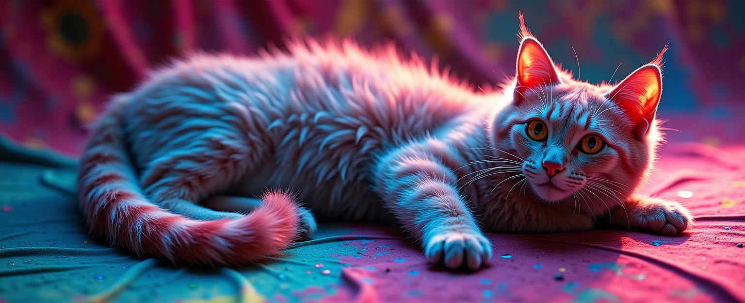 A mesmerizing, kaleidoscopic cat sprawls across a backdrop of pulsating fractals and tie-dye patterns, its body a swirling vortex of electric pinks, neon greens, and deep blues. The cat's eyes glow wide, mirrored multiple times, reflecting the era's chaotic energy. Richly textured fur morphs and ripples, blurring reality and illusion as it twists into intricate symmetries. A dizzying visual experience capturing the essence of a wild acid trip in the 1960s and 1970s.