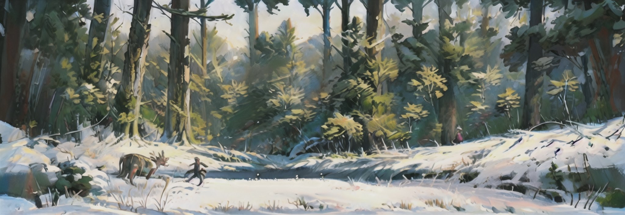 awe-inspiring scene of a snow-covered forest inhabited by majestic, mythical creatures like winter unicorns and frost dragons. The forest is illuminated by the soft glow of magical crystals hanging from the trees  snow-covered forest in turmoil, with the mythical creatures in a heated disagreement. Depict the majestic beasts causing a disturbance amidst the serene beauty of the forest