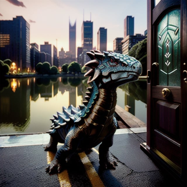 Photorealistic dragon, door-to-door deliveries, urban setting, intricate details, realistic lighting, cityscape background, seamless integration of fantasy and reality, lifelike portrayal, everyday scenes with a touch of magic ,Dragon,Realism,Extremely Realistic,little_cute_girl,Ankylosaurus_Dinosaur