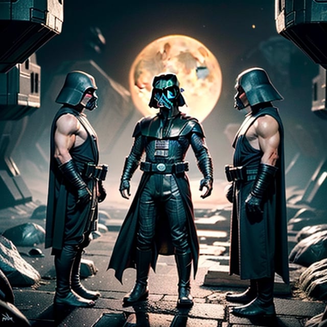 Create a stunning 3D composition that defies the boundaries of imagination. Envision two Darth Vaders confronting two fierce goblins in the depths of outer space, with a haunting full moon casting surreal shadows. Showcase the fusion of science fiction and fantasy with precision and creativity.