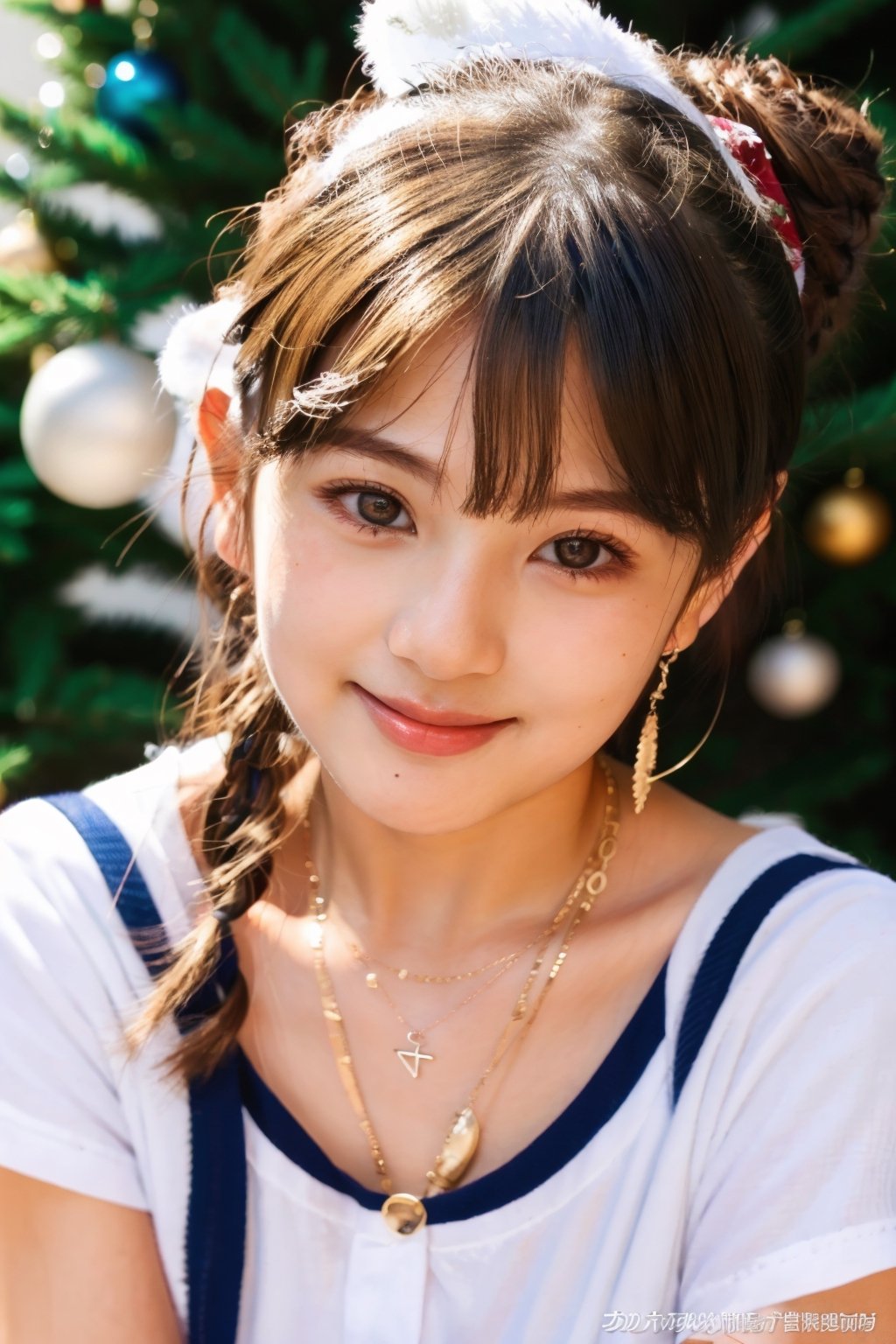 best quality, masterpiece, ultra high res, from below, looking down,  (photorealistic:1), RAW photo, 1 girl, detailed beautiful face,  detailed beautiful eyes, round face, French braid hair, earrings, necklace, smile, school uniform,jp_school_uniform,chinatsumura,Christmas 1girl