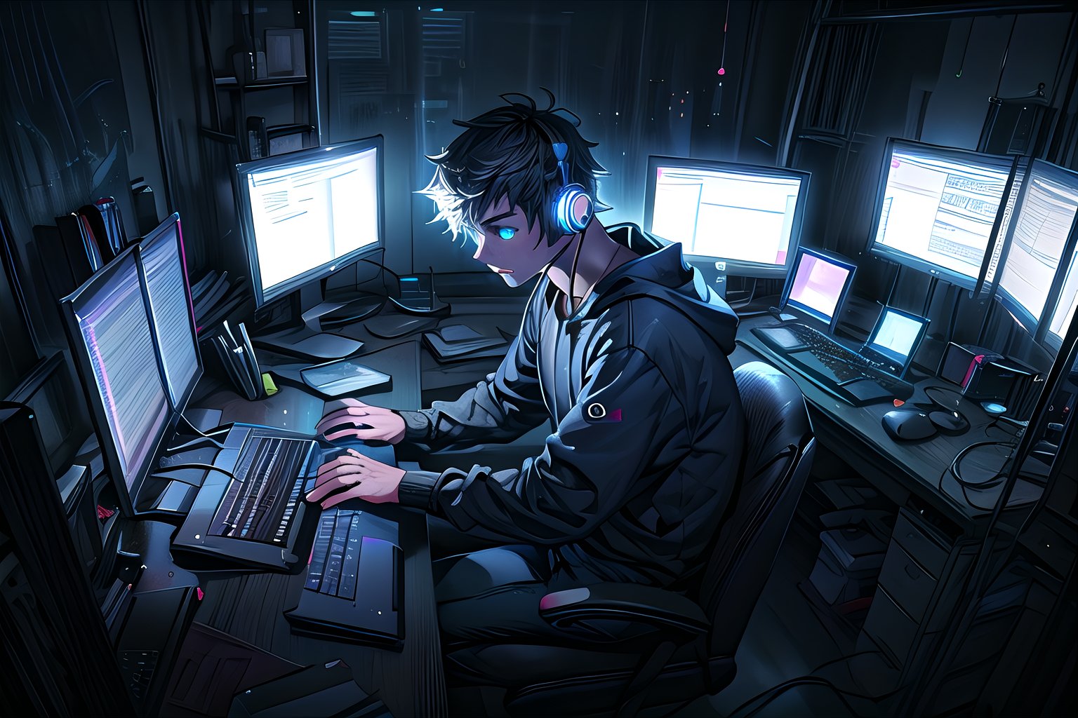 a young programmer sitting in front of a laptop on a gloomy day, gloomy room lights, stressed out, wearing headphones,5_fignered, hands on keyboard, keyboard glowing in blue