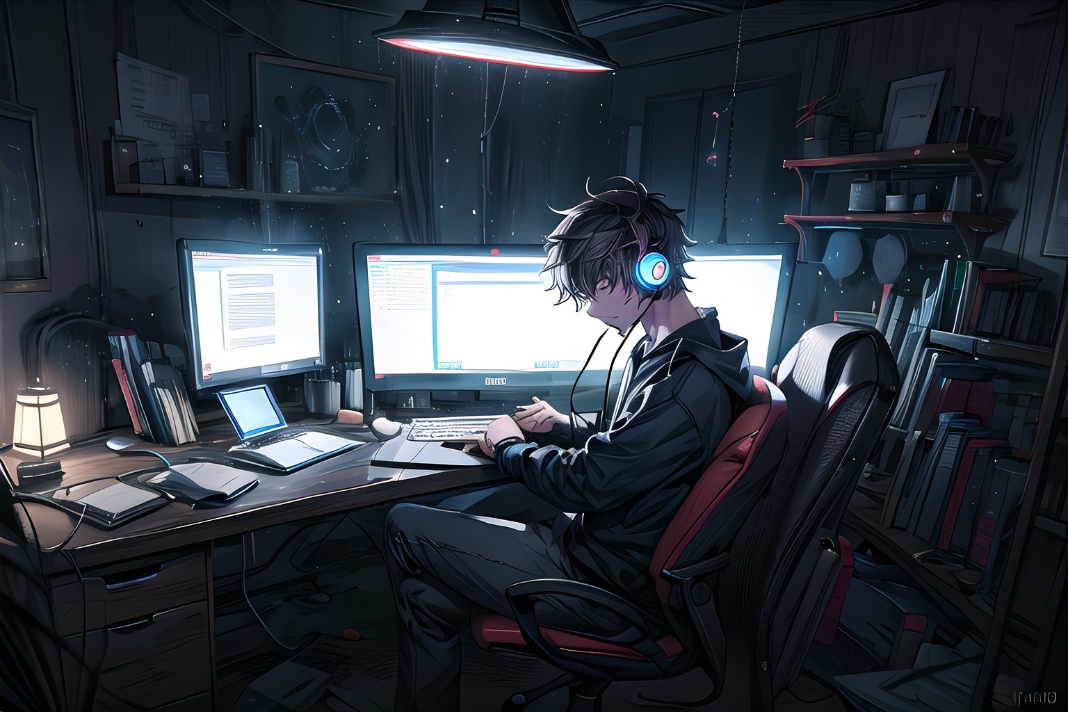 draw a young programmer sitting in front of a laptop on a gloomy day, gloomy room lights, stressed out, wearing headphones.