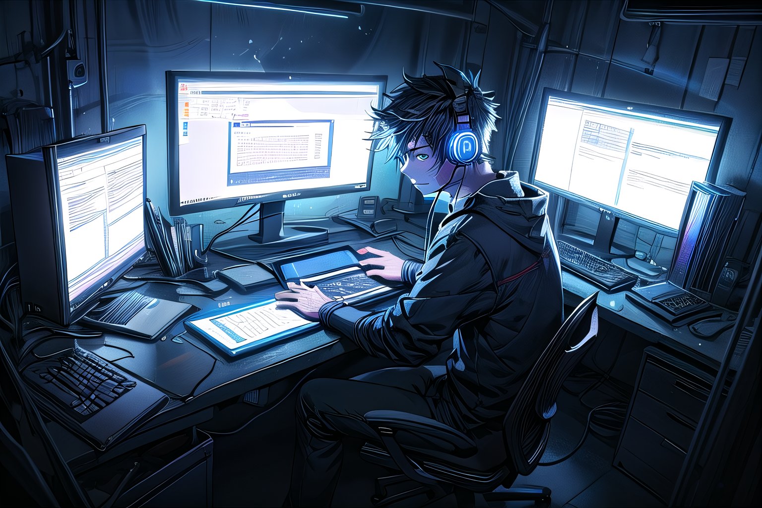 a young programmer sitting in front of a laptop,proper monitor screen, nice and detailed beautiful keyboard with backlights, gloomy room lights, stressed out, wearing headphones,5_fignered, hands on keyboard, keyboard glowing in blue