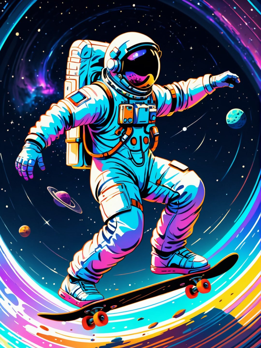 high detailed,astronaut,on a space with skateboard ,doing kick flip,random pose,4k,line art,4 tone color, ColorART, 