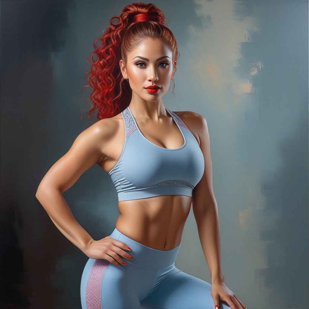 A latina woman with perfect gray eyes, bright red lips, wearing detailed elegant tight pale blue yoga pants. Ginger wavy hair is elegantly updoed in a pony tail. Her breasts are large! and body is fit. Her thighs are toned. She is doing yoga on a black mat. The background is blurred in gray tones, with ultra focus on the woman's illuminated and detailed face.  The painting is rendered in 8k resolution with dry brush strokes, in the style of Razumov and Garmash. The vivid colors and intricate details make this a truly stunning and photorealistic work of art.