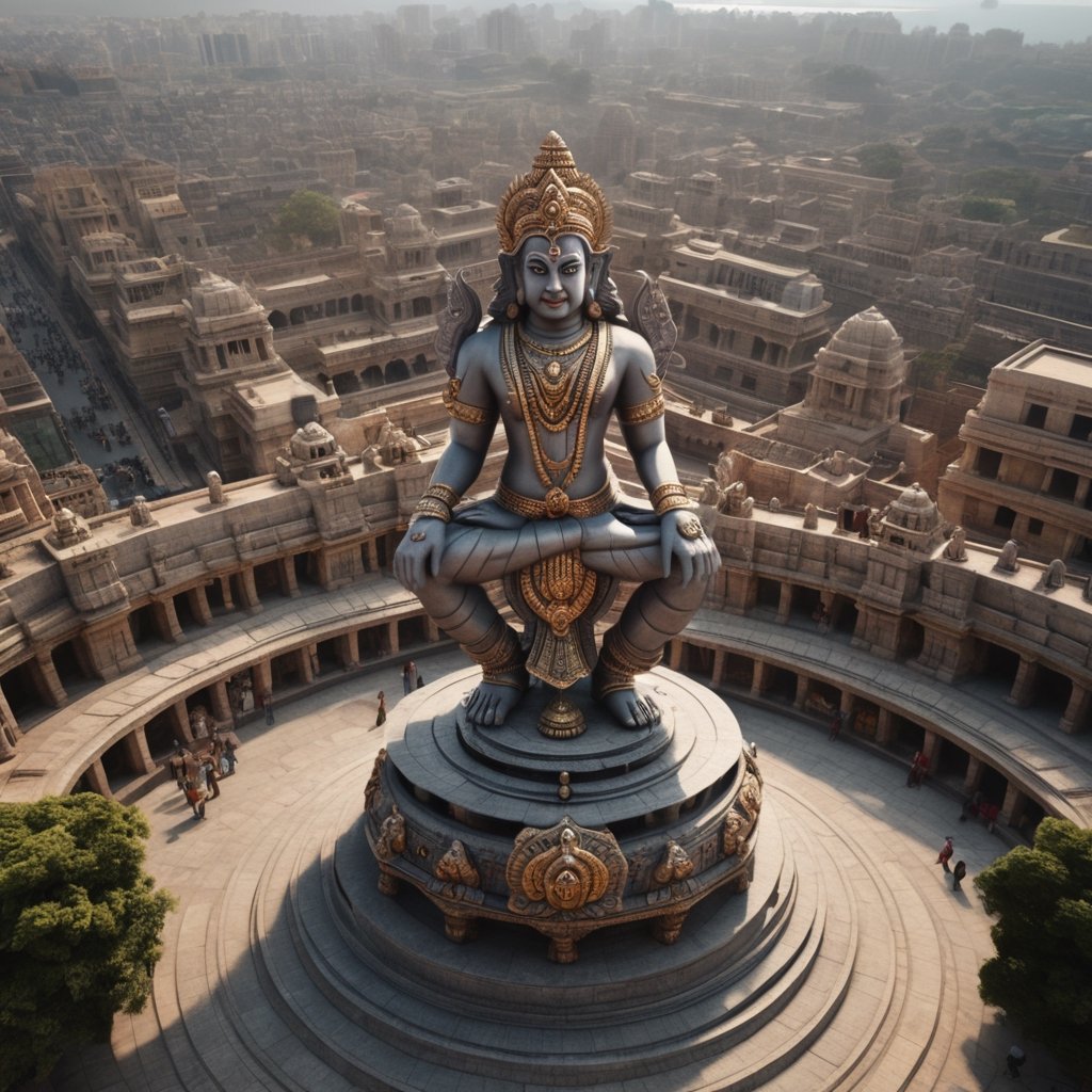 view from above of granite nataraja statue in stone city of dwarka, criss crossing streets, giant stadium, steampunk drones floating in air,  a huge dam on the sea, giant kaiju hindu robots, ancient hindu architecture, very high resolution, telephoto,  masterpiece, highly defined, intricate, photorealistic, sharp, antialiased, 8k, 16k, high-res, ultrarealistic, artstation, dslr, absurdres