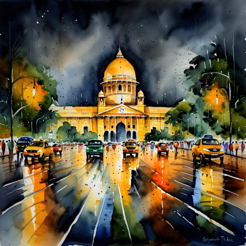 watercolor painting  of connaught place, delhi in ((rain)), wide roads, traffic, traffic lights,  at night, vibrant, beautiful, painterly, detailed, textural, artistic