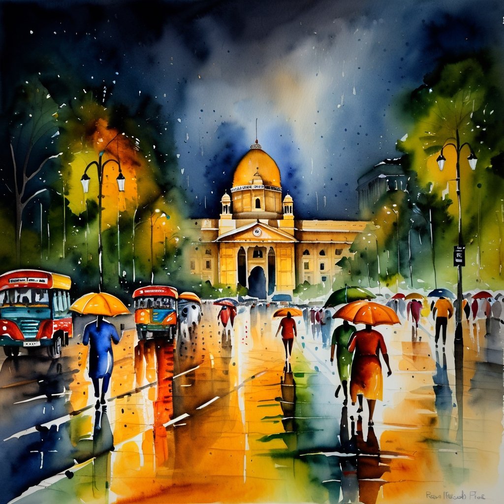 watercolor painting  of connaught place, delhi in ((rain)), wide roads, traffic, traffic lights,  at night, vibrant, beautiful, painterly, detailed, textural, artistic