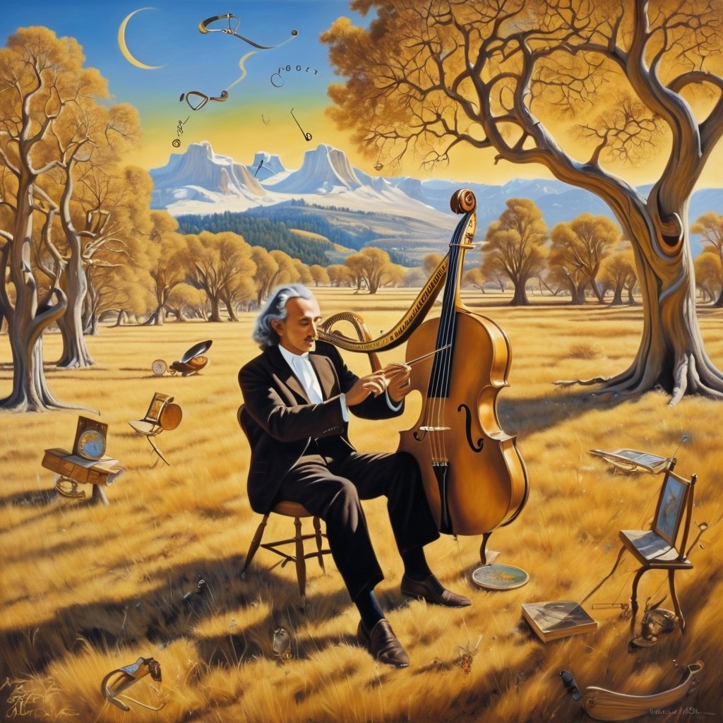 painting in style of ansel adams, and salvador dali, issac newton is playing a melting harp, sitting in a meadow with dried trees and clock, music instruments float in air with magic, musical annotations float in air.  realistic, full shot, very high resolution,  masterpiece, highly defined, sharp, intricate, photorealistic, sharp, antialiased